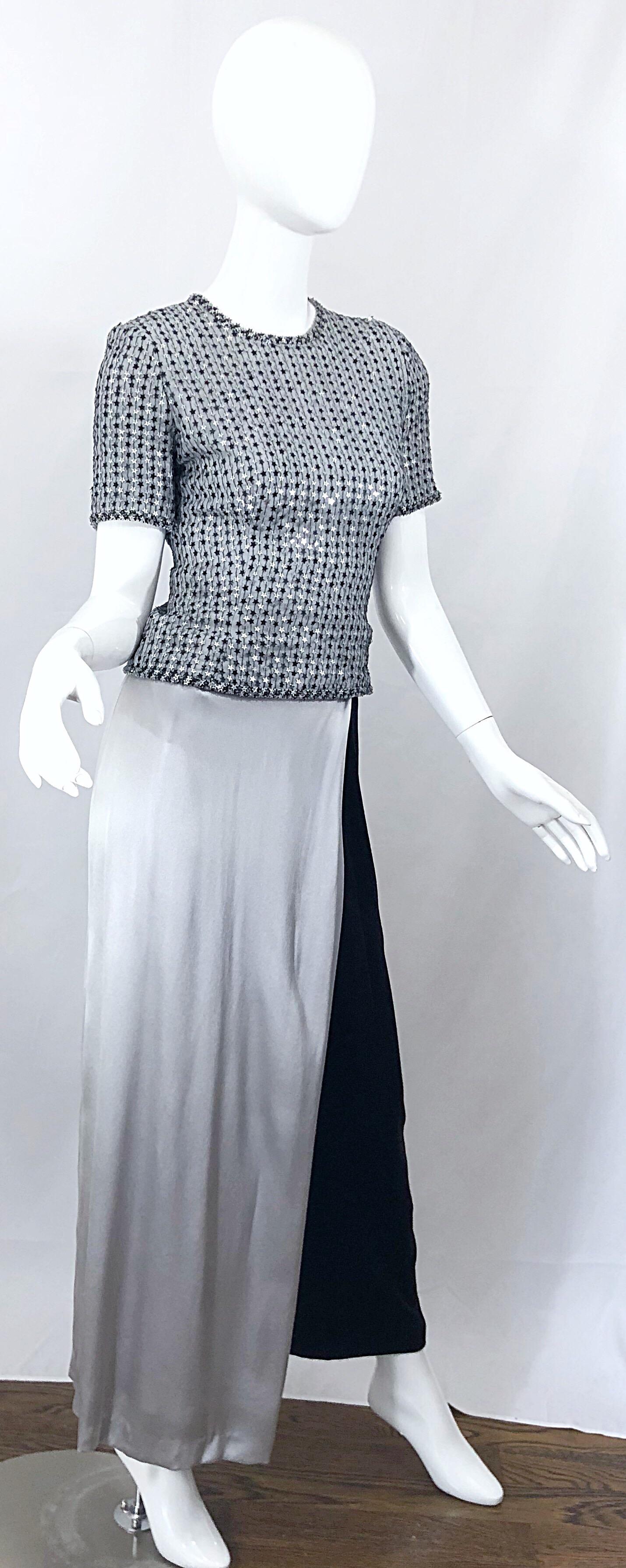 1980s Tarquin Ebker Silver Grey + Black Silk Palazzo Pants and Star Sequin Top For Sale 1