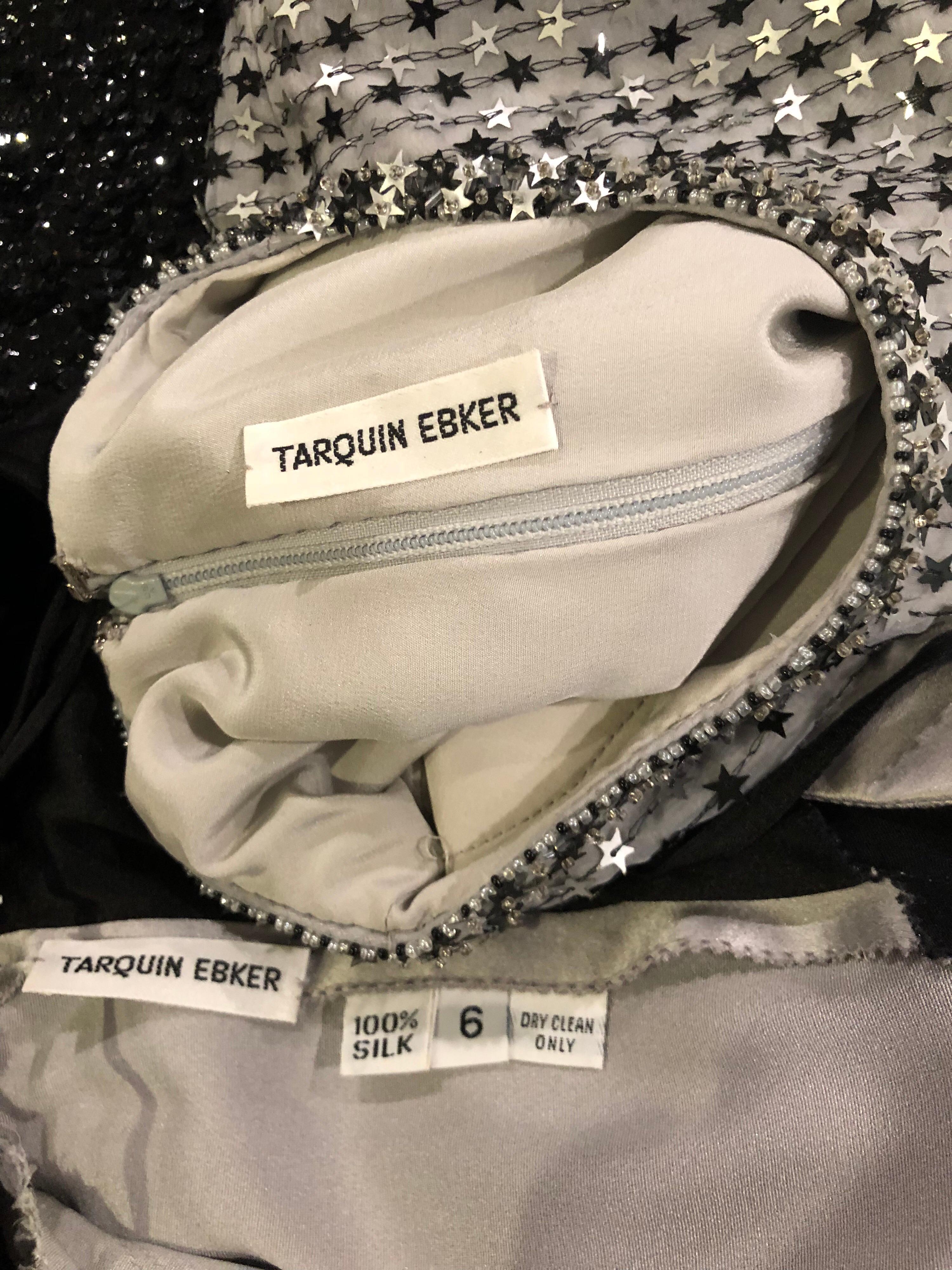 Tarquin Ebker - Pantalon palazzo en soie gris argenté et noir et haut à sequins étoilés, années 1980 en vente 6