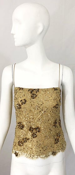1990s Badgley Mischka Size 10 / 12 Gold Lace Sequins and Beads Vintage 90s Top