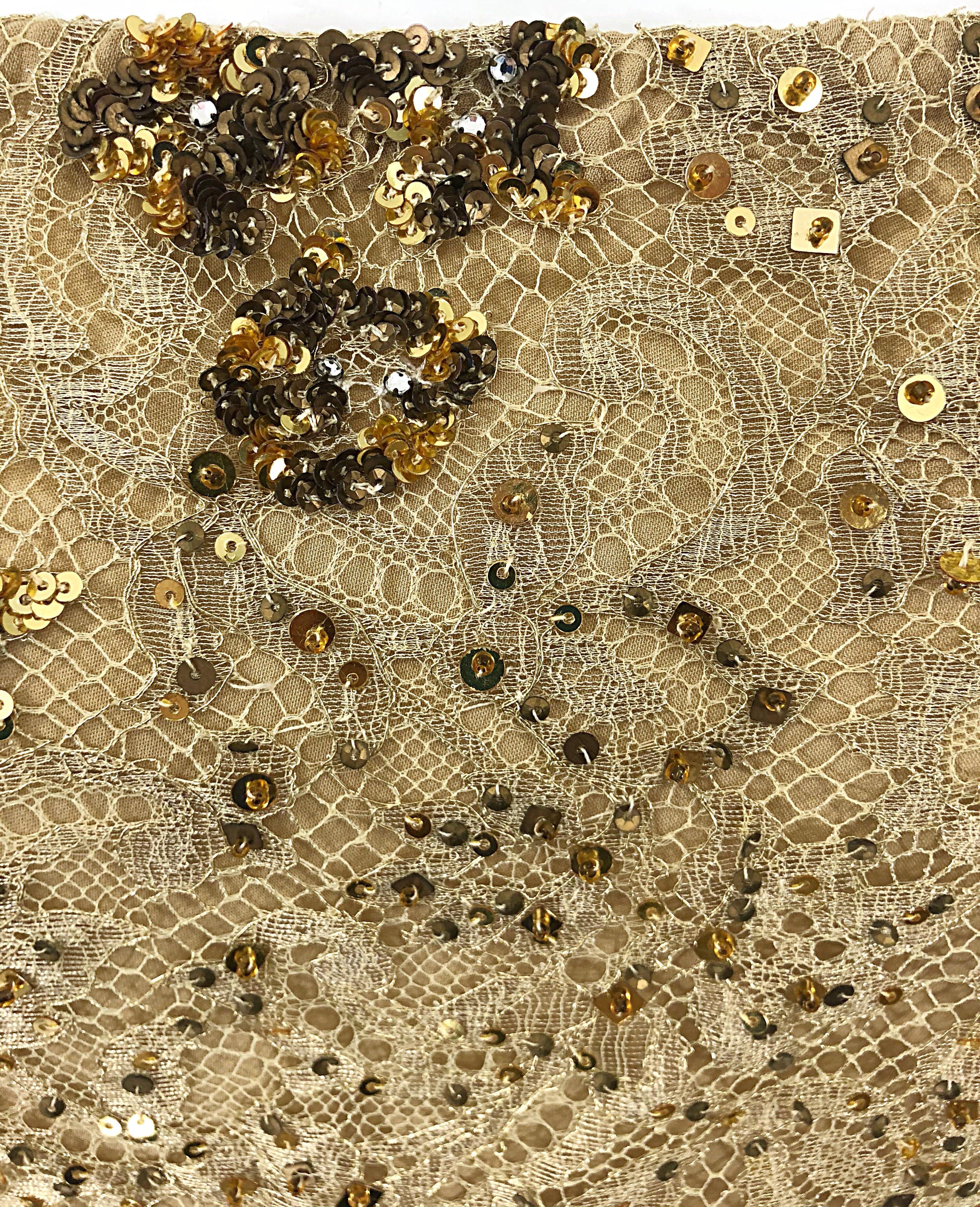 1990er Badgley Mischka Größe 10 / 12 Gold Spitze Pailletten und Perlen Vintage 90er Top (Braun) im Angebot