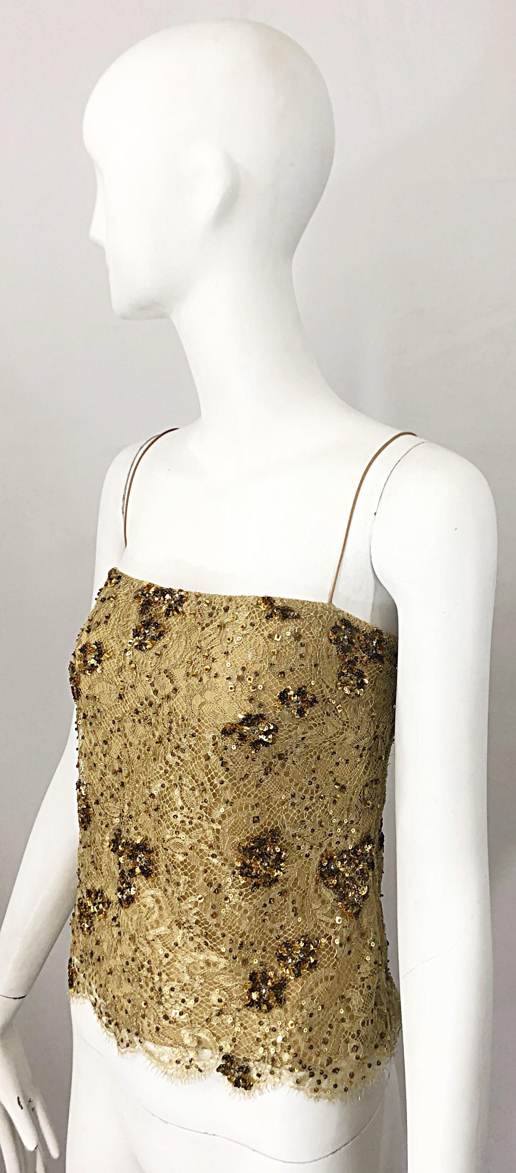 Brown 1990s Badgley Mischka Size 10 / 12 Gold Lace Sequins and Beads Vintage 90s Top For Sale