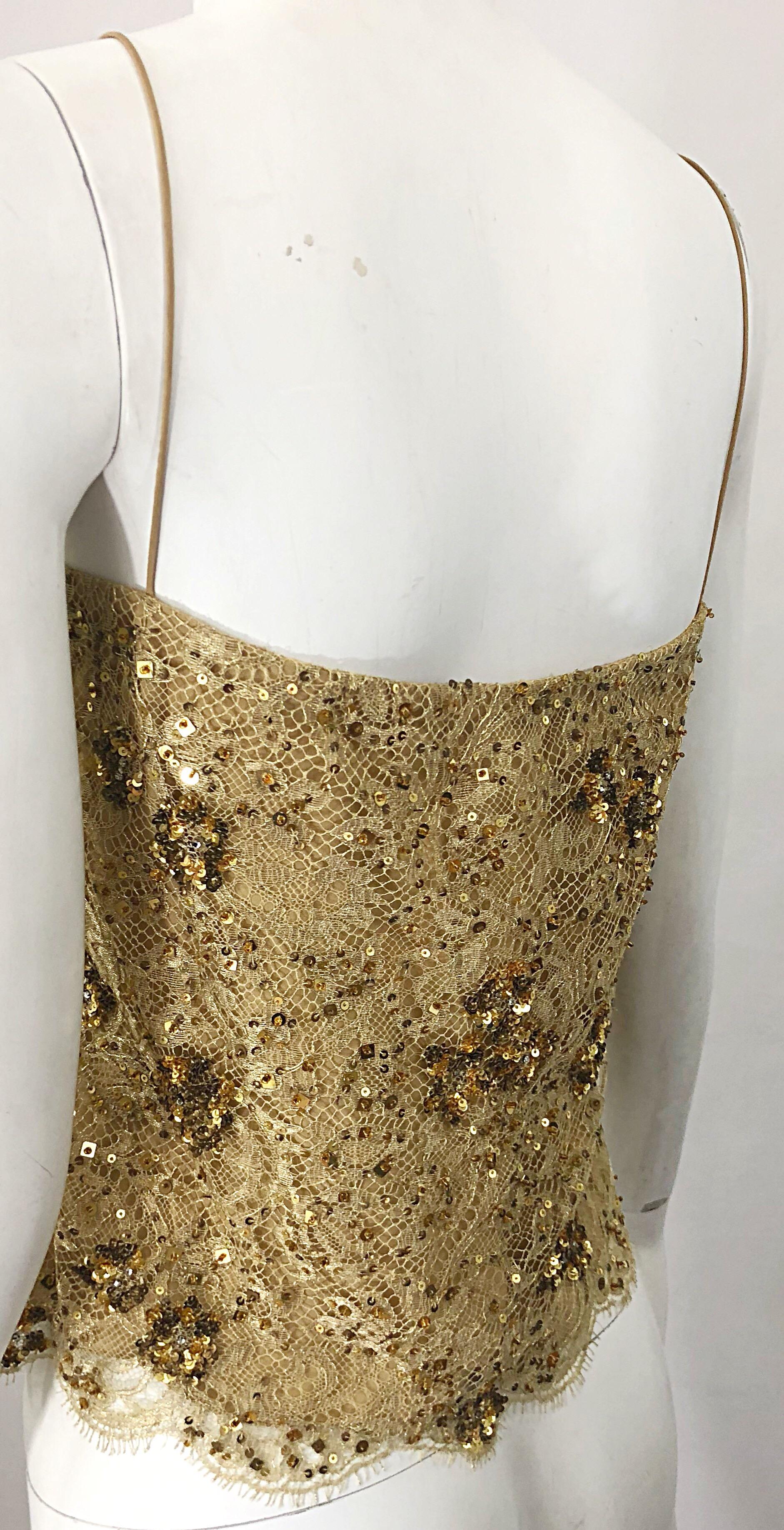 1990er Badgley Mischka Größe 10 / 12 Gold Spitze Pailletten und Perlen Vintage 90er Top im Angebot 2