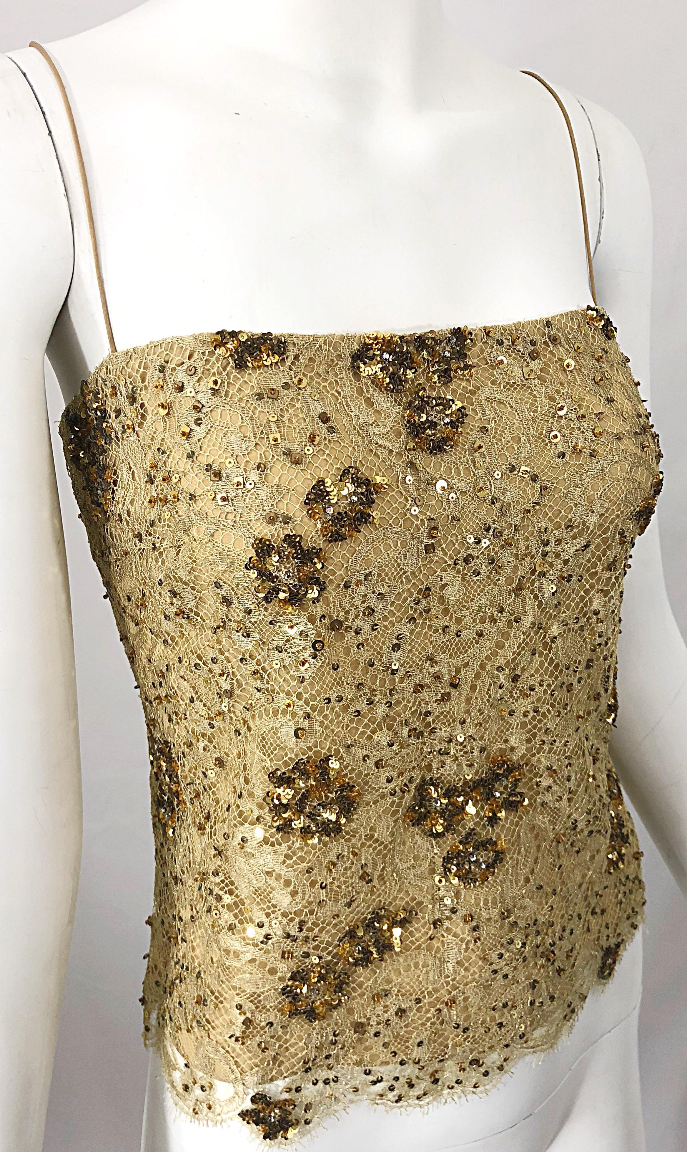 Women's 1990s Badgley Mischka Size 10 / 12 Gold Lace Sequins and Beads Vintage 90s Top For Sale