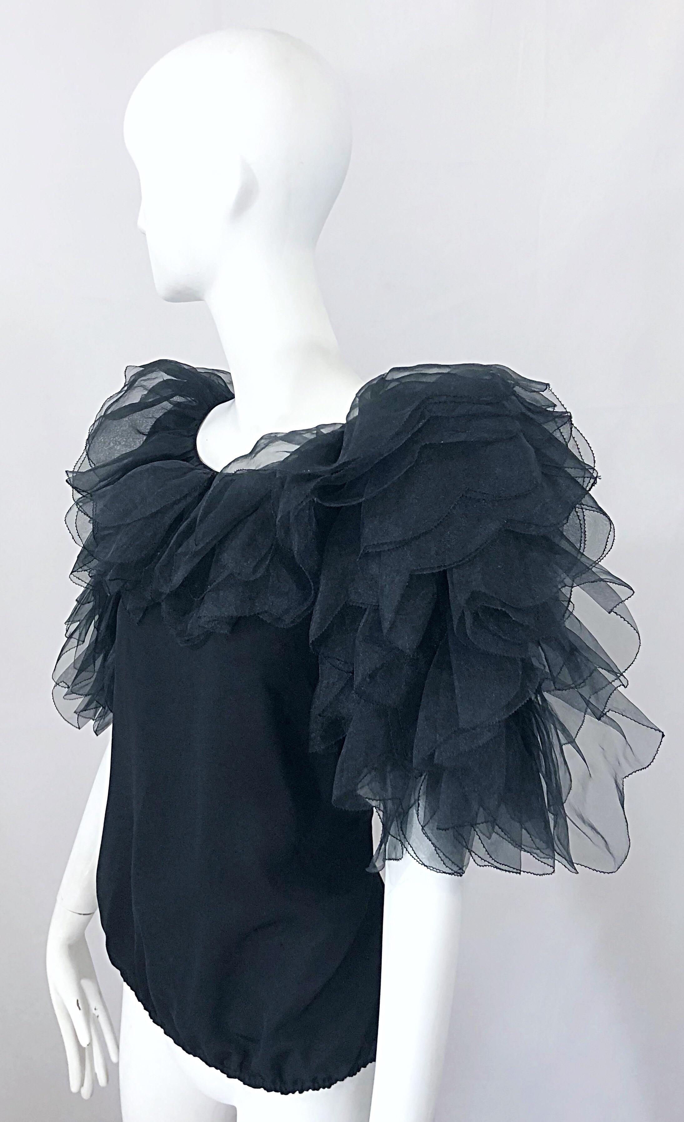 1980s Avant Garde Tarquin Ebker Black Silk Chiffon Flamenco Vintage Blouse Top In Excellent Condition For Sale In San Diego, CA