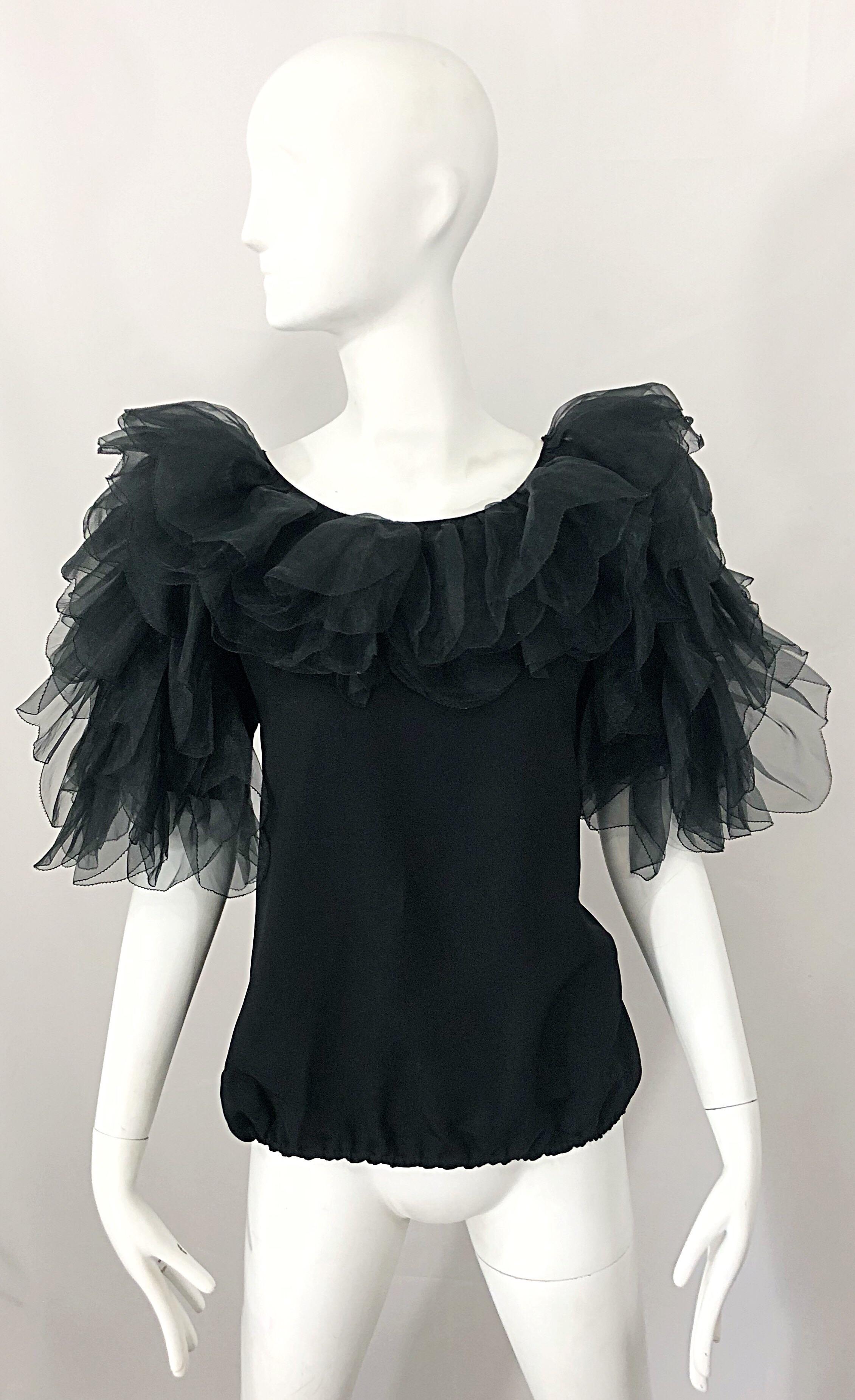 Incredible vintage 80s TARQUIN EBKER Couture for AMEN WARDY black silk chiffon flamenco style Avant Garde blouse! Features a loose fitting body, with a drawstring to adjust waist size. There was some serious thought and effort put into the creation