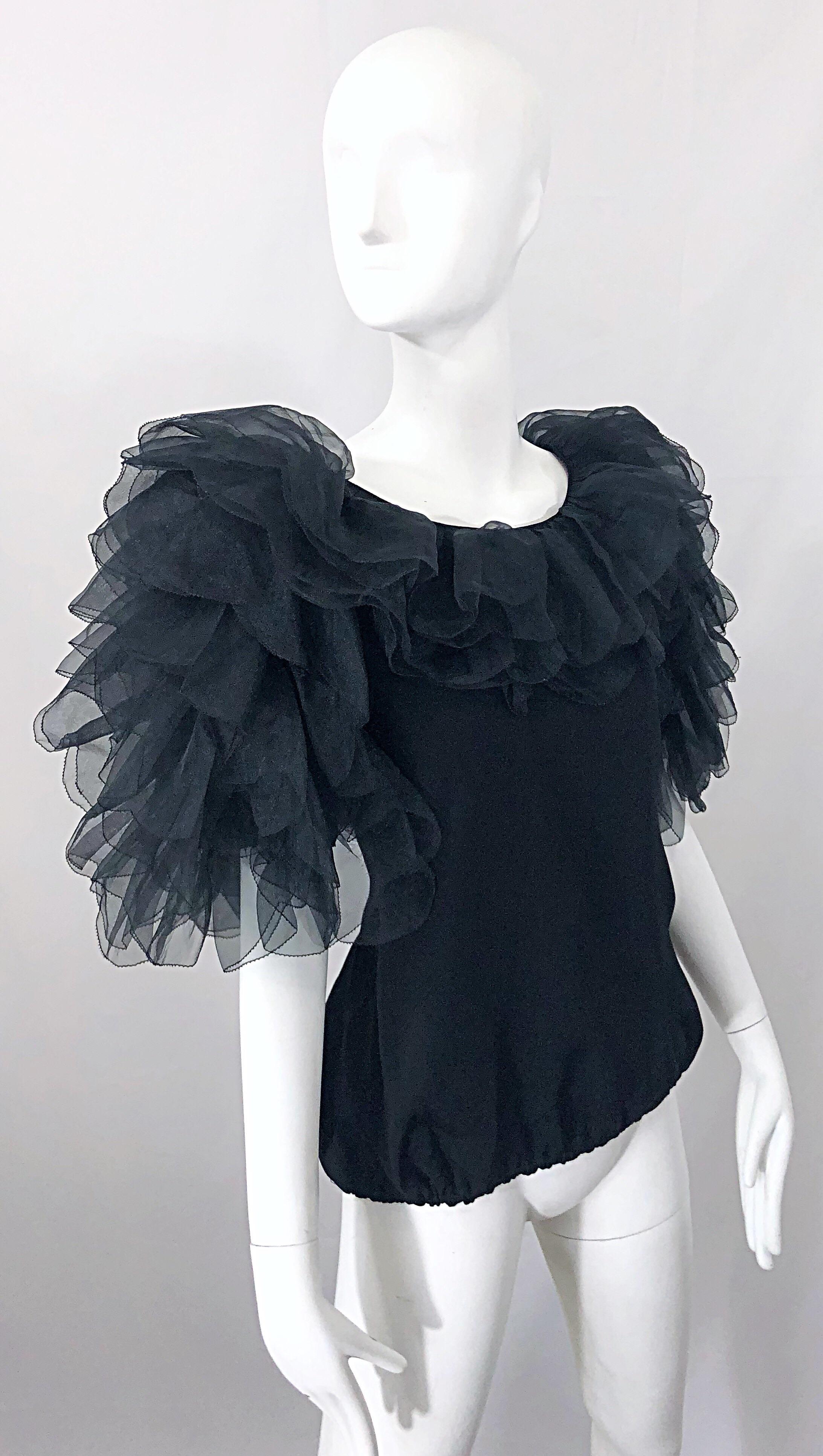Women's 1980s Avant Garde Tarquin Ebker Black Silk Chiffon Flamenco Vintage Blouse Top For Sale