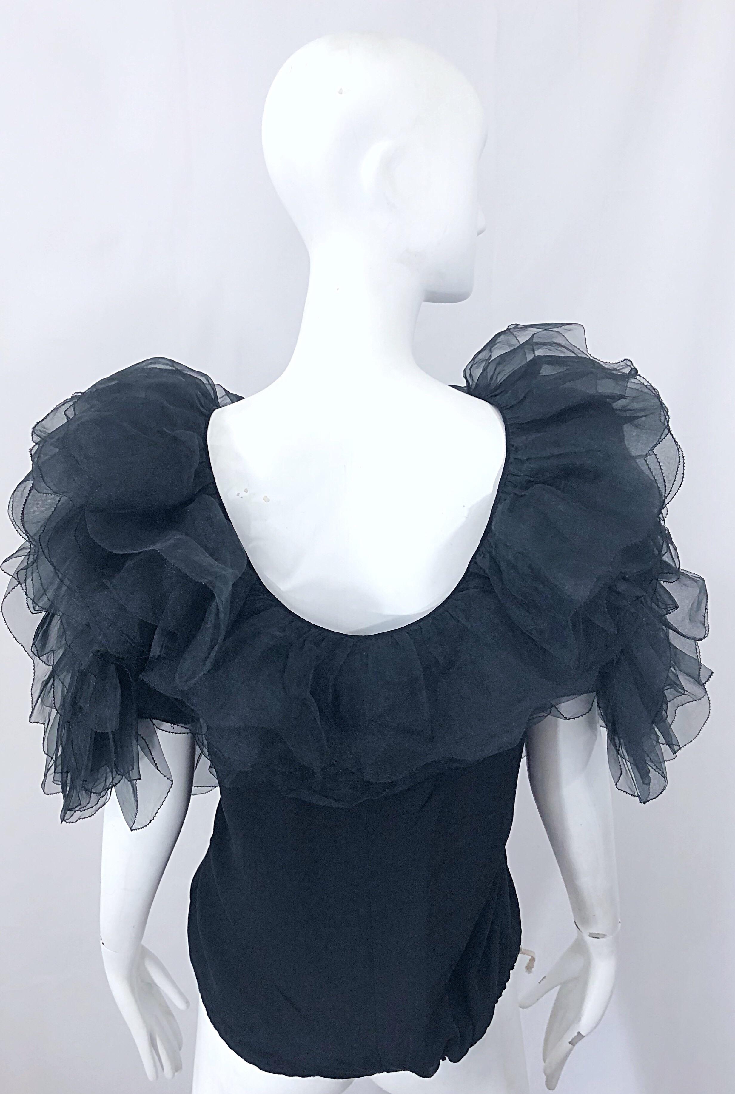 1980s Avant Garde Tarquin Ebker Black Silk Chiffon Flamenco Vintage Blouse Top For Sale 1