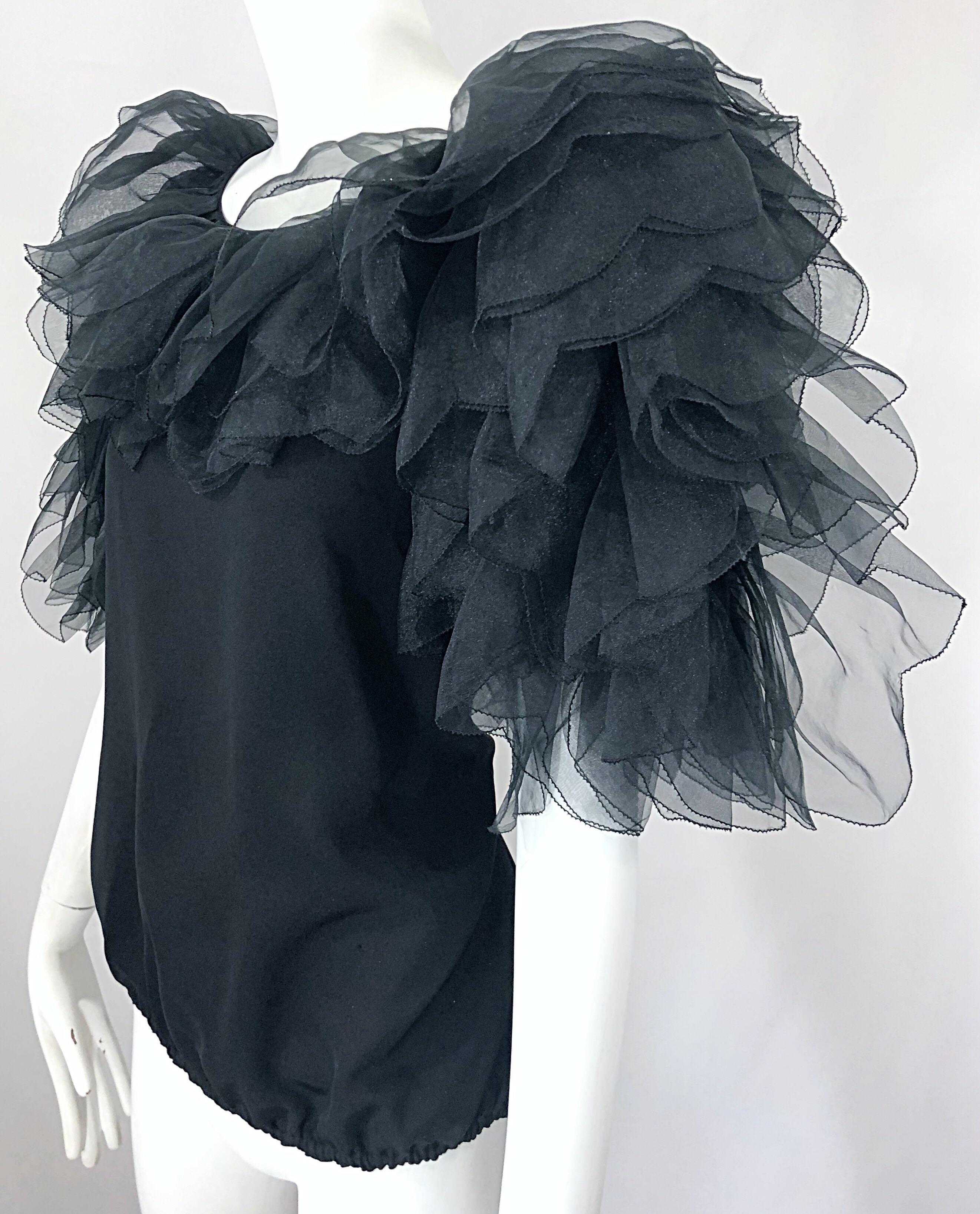 1980s Avant Garde Tarquin Ebker Black Silk Chiffon Flamenco Vintage Blouse Top For Sale 3