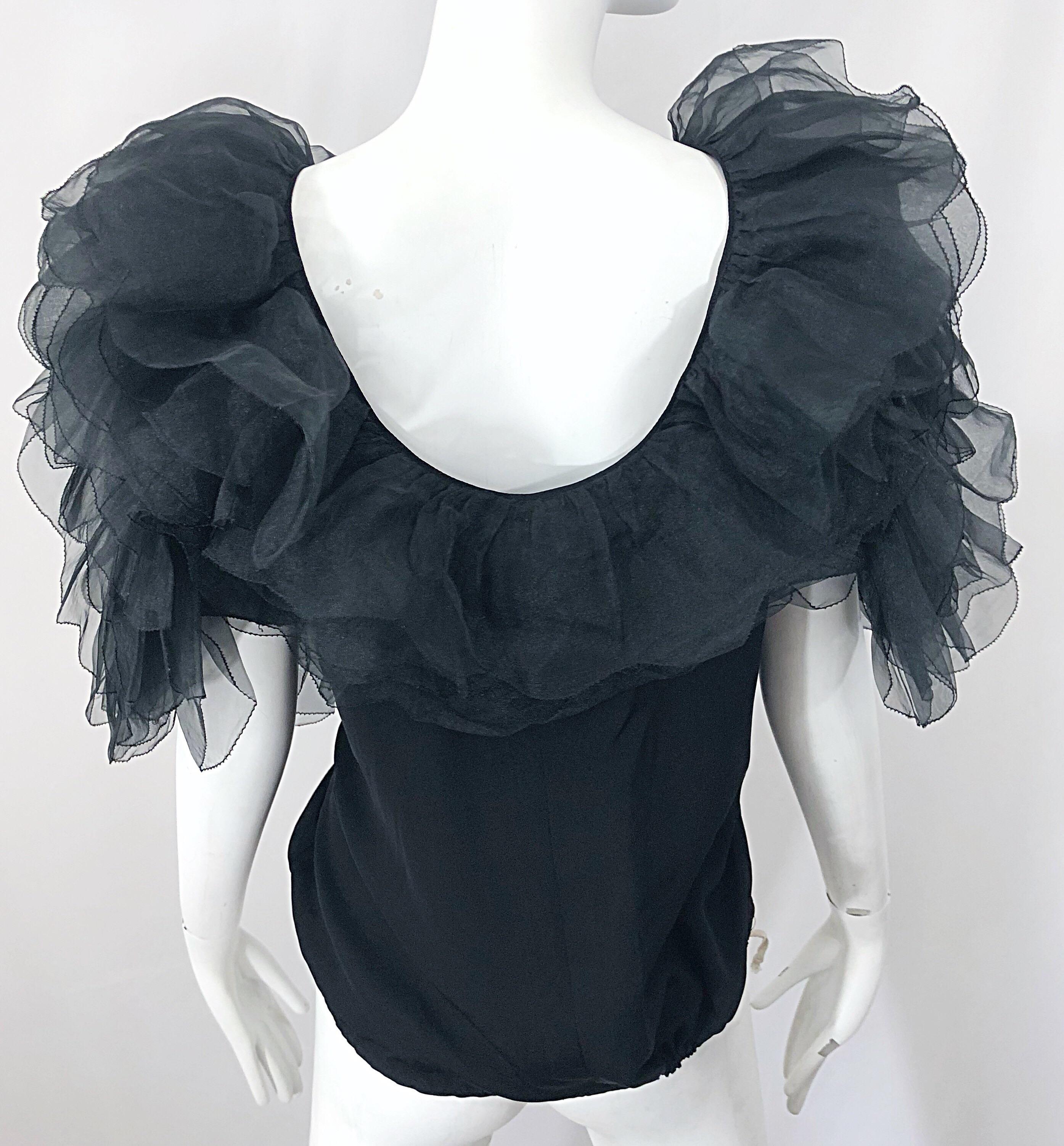 1980s Avant Garde Tarquin Ebker Black Silk Chiffon Flamenco Vintage Blouse Top For Sale 5