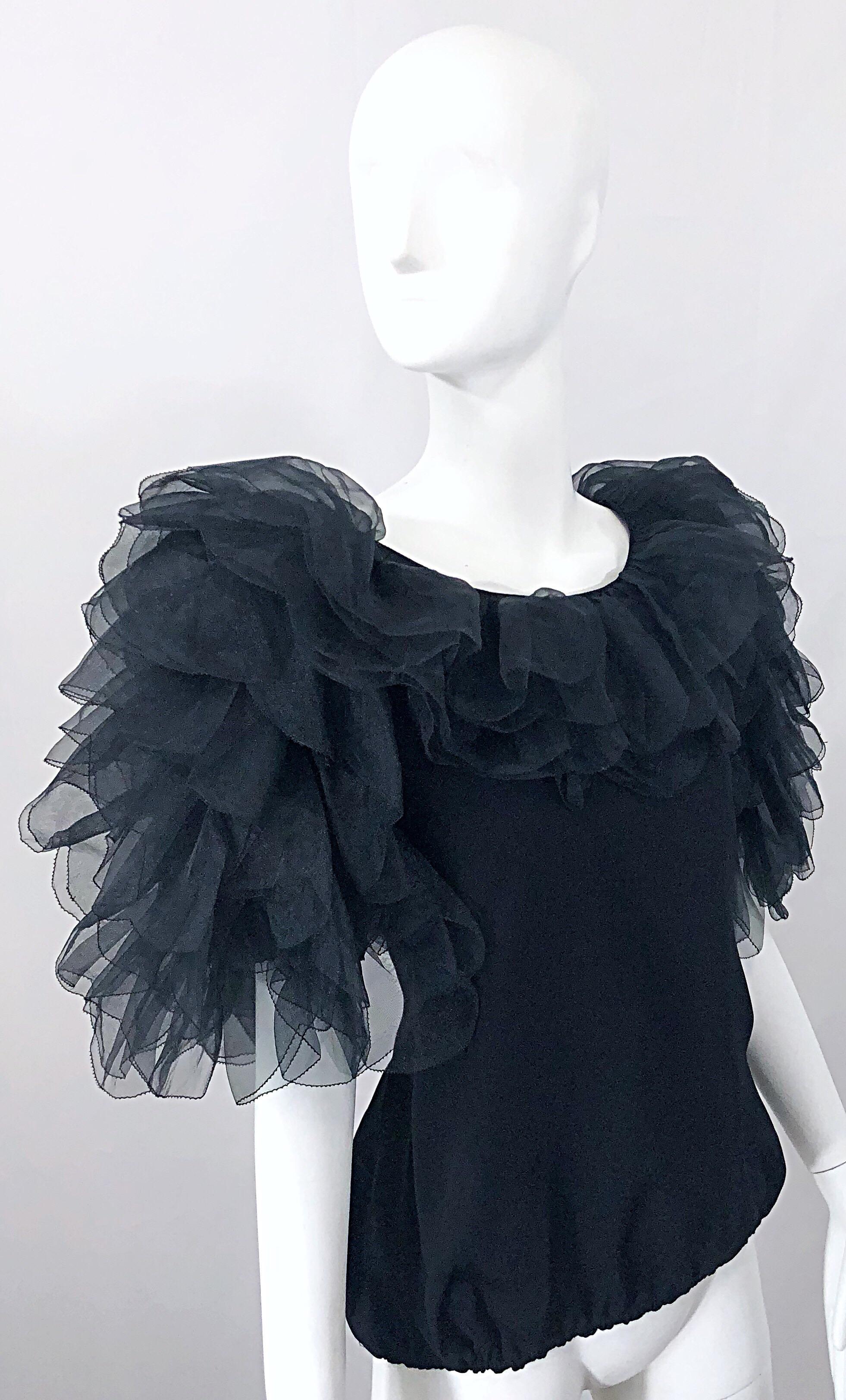 1980s Avant Garde Tarquin Ebker Black Silk Chiffon Flamenco Vintage Blouse Top For Sale 6