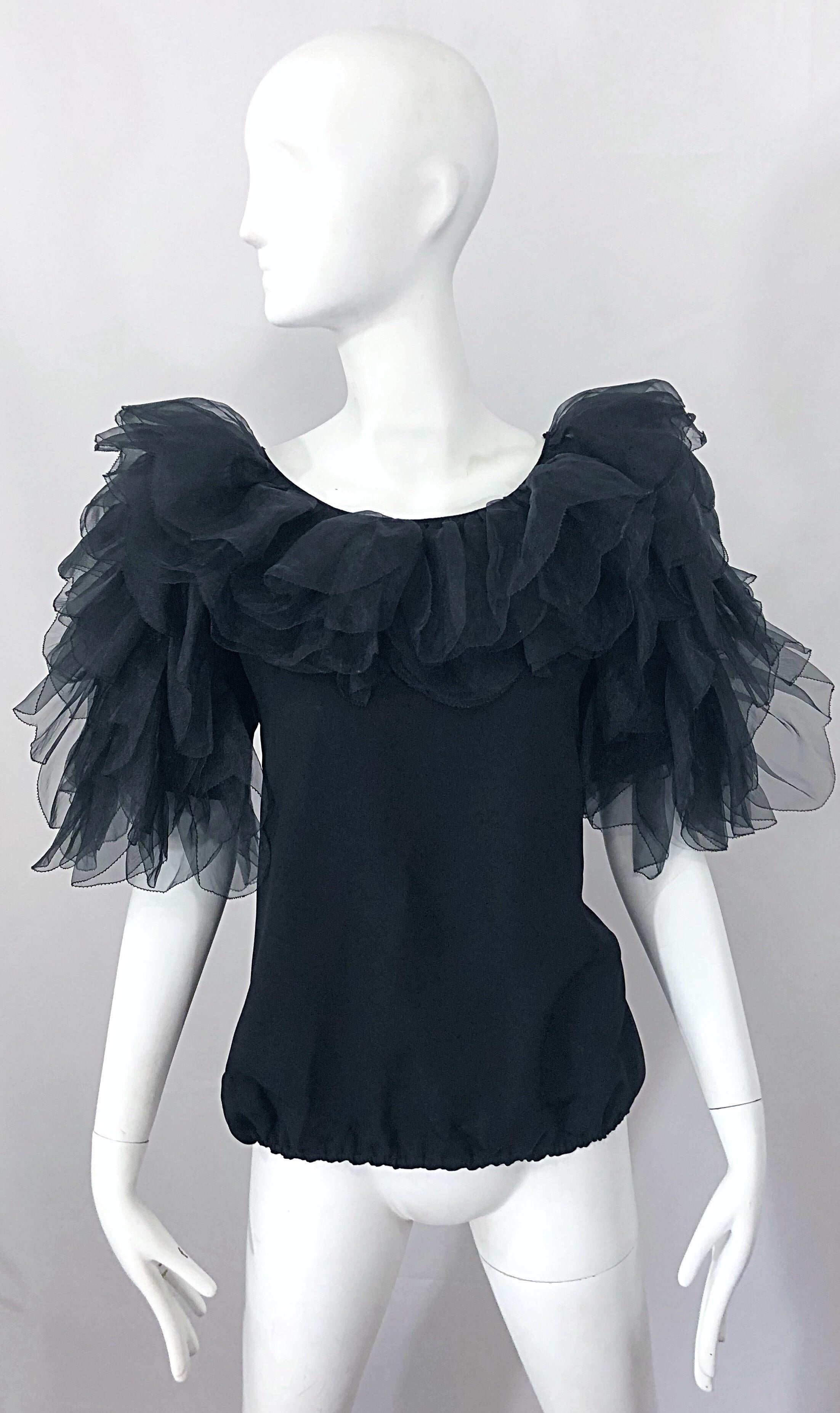1980s Avant Garde Tarquin Ebker Black Silk Chiffon Flamenco Vintage Blouse Top For Sale 8