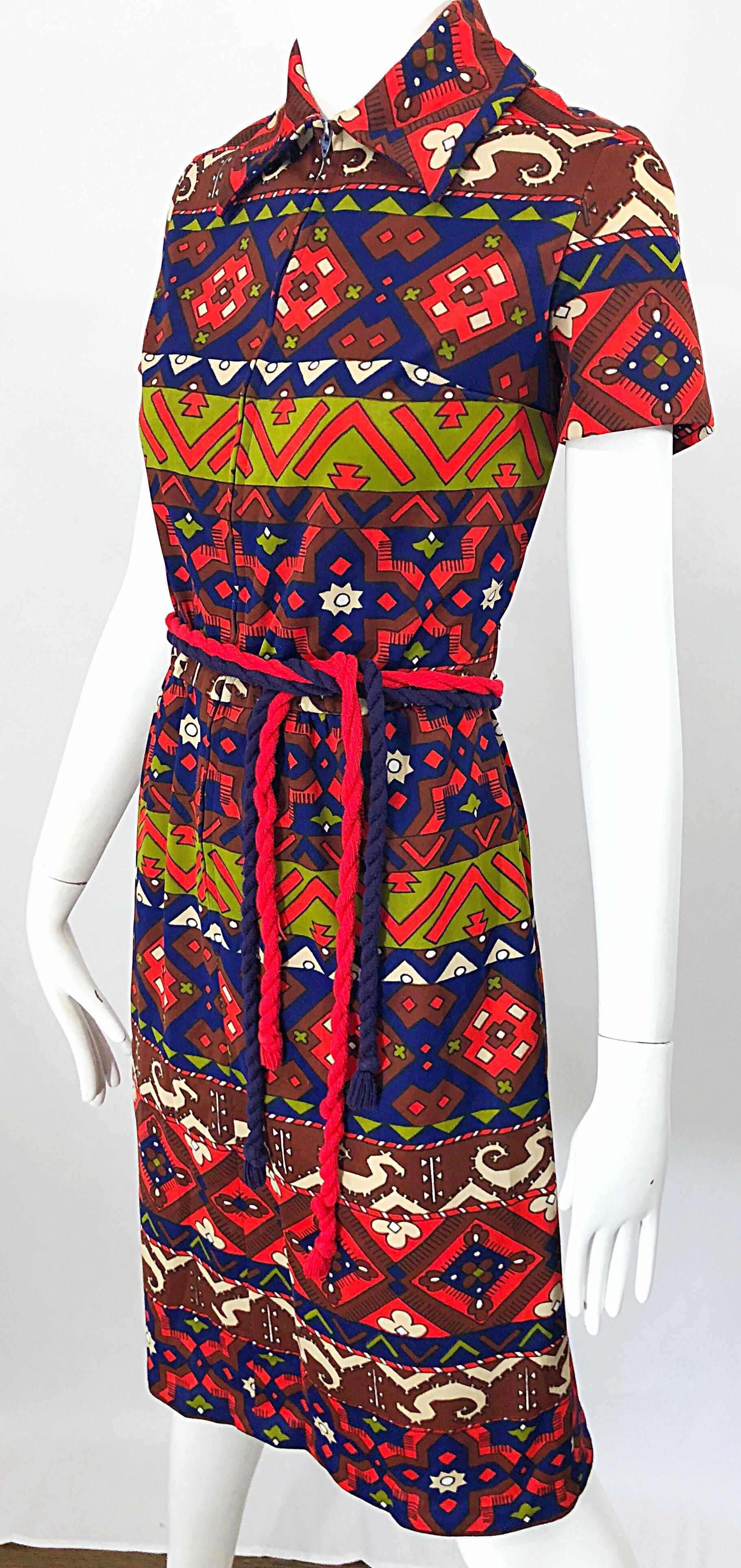 Women's 1970s Aztec Novelty Print Amazing Vintage 70s Knit Rope Belted Shirt Dress For Sale