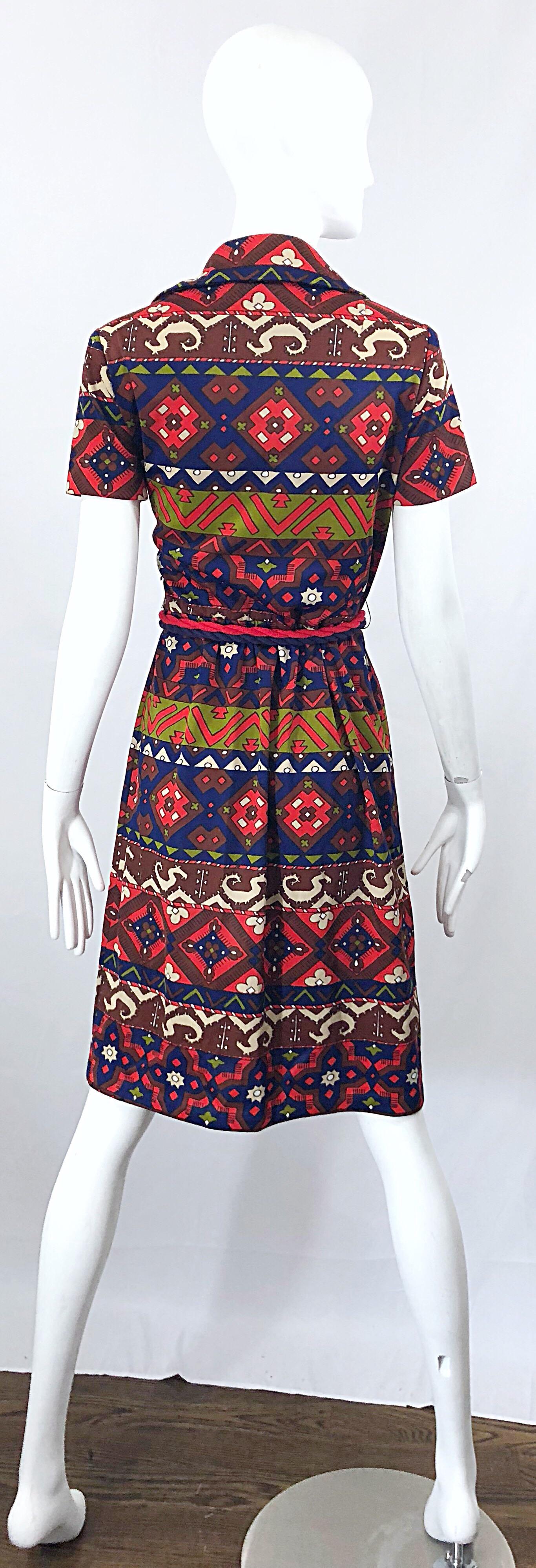 1970s Aztec Novelty Print Amazing Vintage 70s Knit Rope Belted Shirt Dress For Sale 3