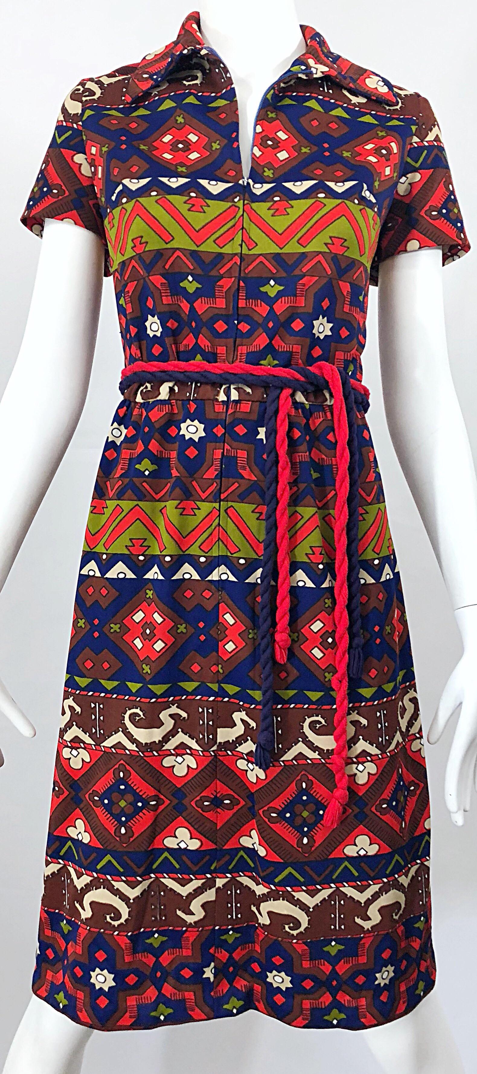 1970s Aztec Novelty Print Amazing Vintage 70s Knit Rope Belted Shirt Dress For Sale 4