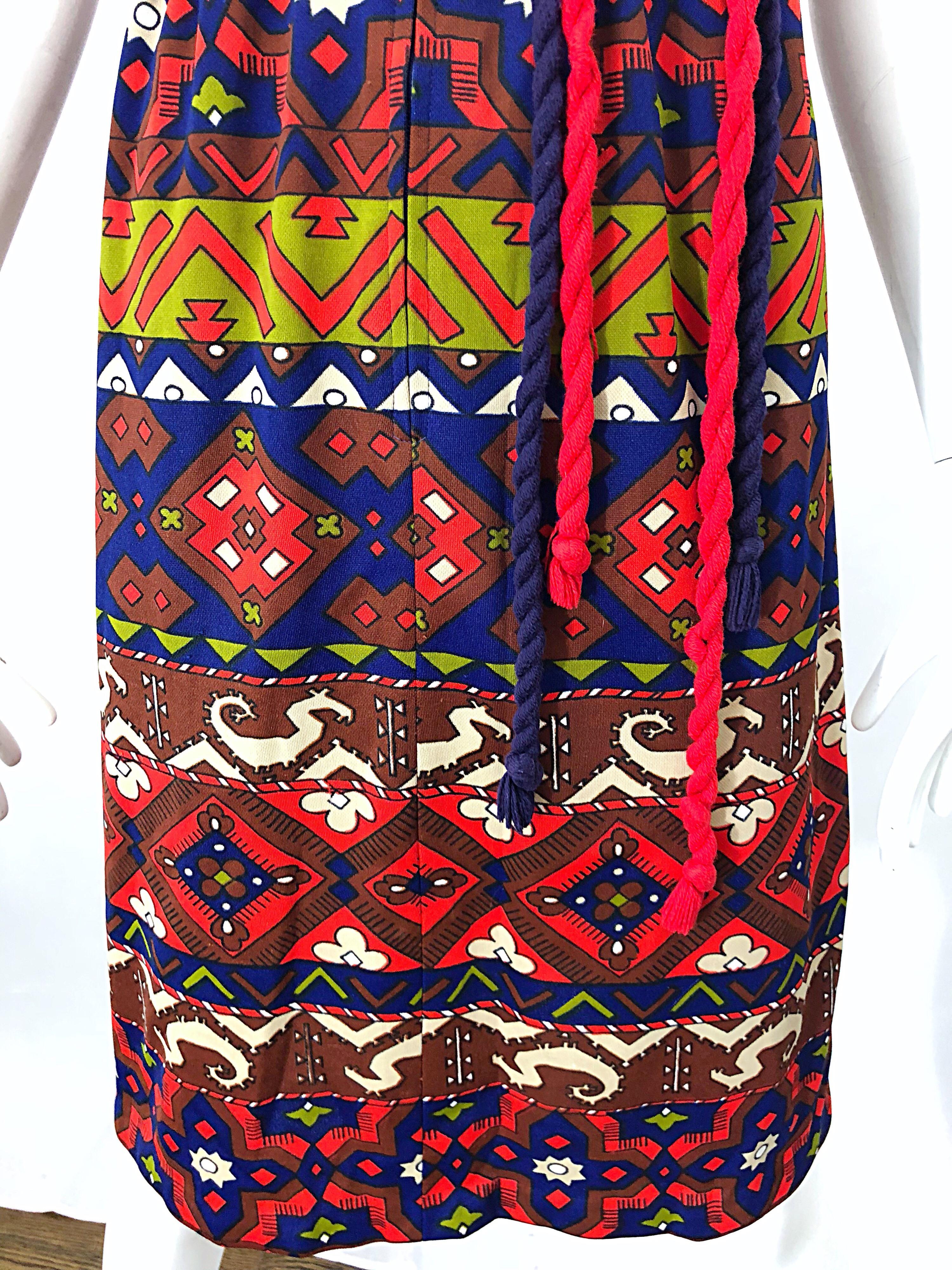 1970s Aztec Novelty Print Amazing Vintage 70s Knit Rope Belted Shirt Dress For Sale 6