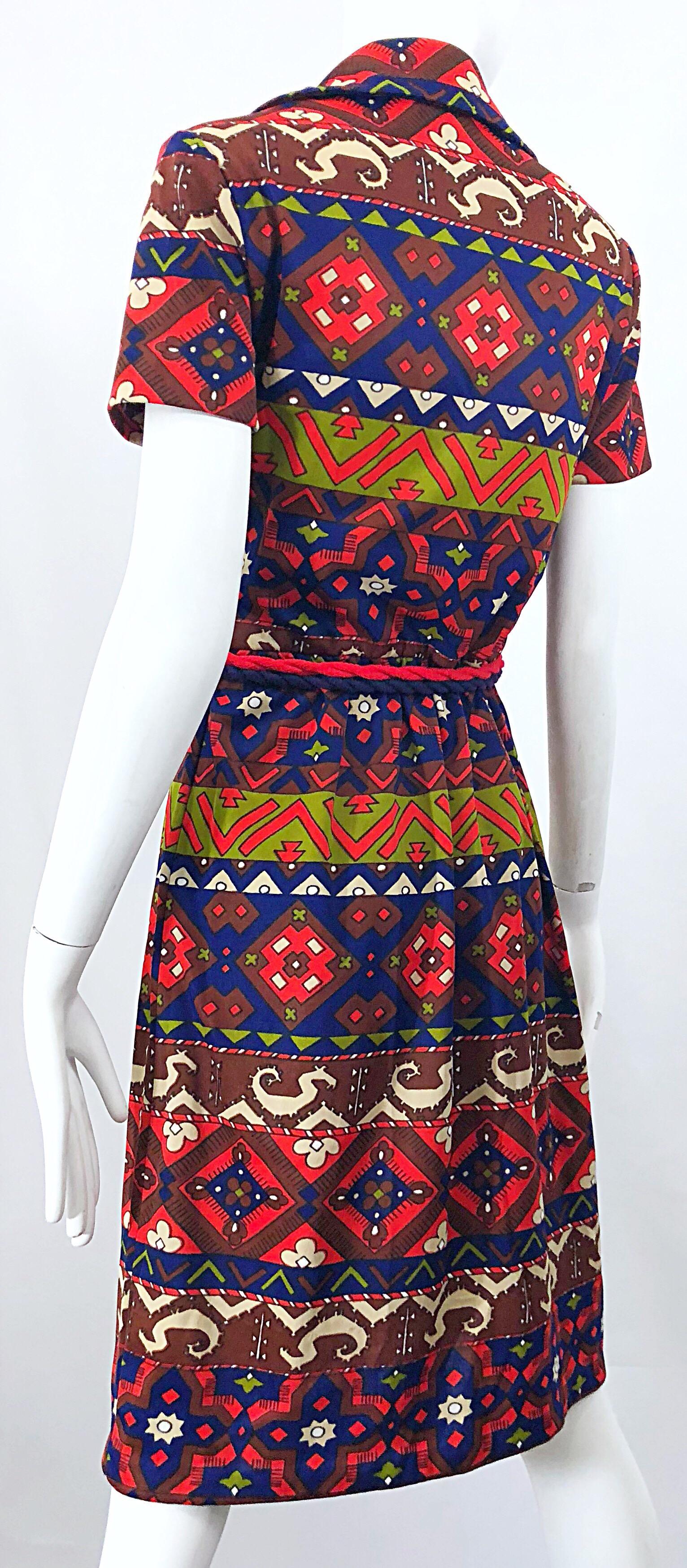 1970s Aztec Novelty Print Amazing Vintage 70s Knit Rope Belted Shirt Dress For Sale 7