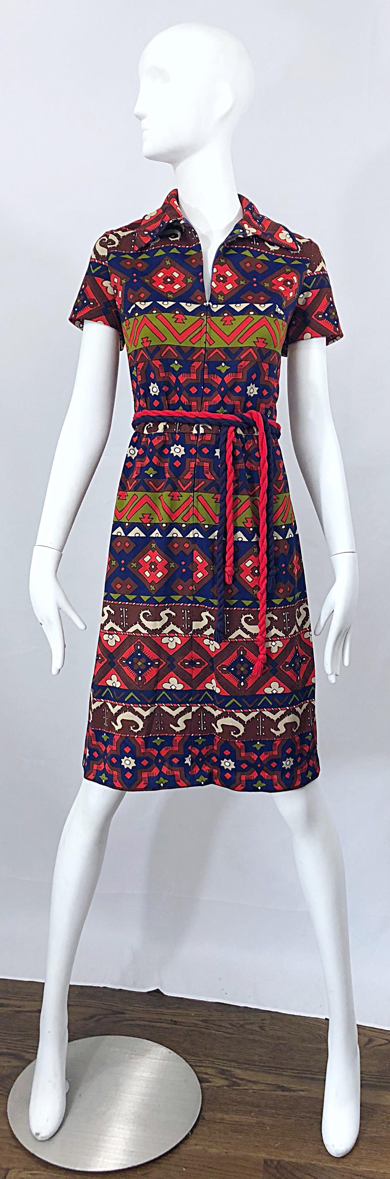 1970s Aztec Novelty Print Amazing Vintage 70s Knit Rope Belted Shirt Dress For Sale 8