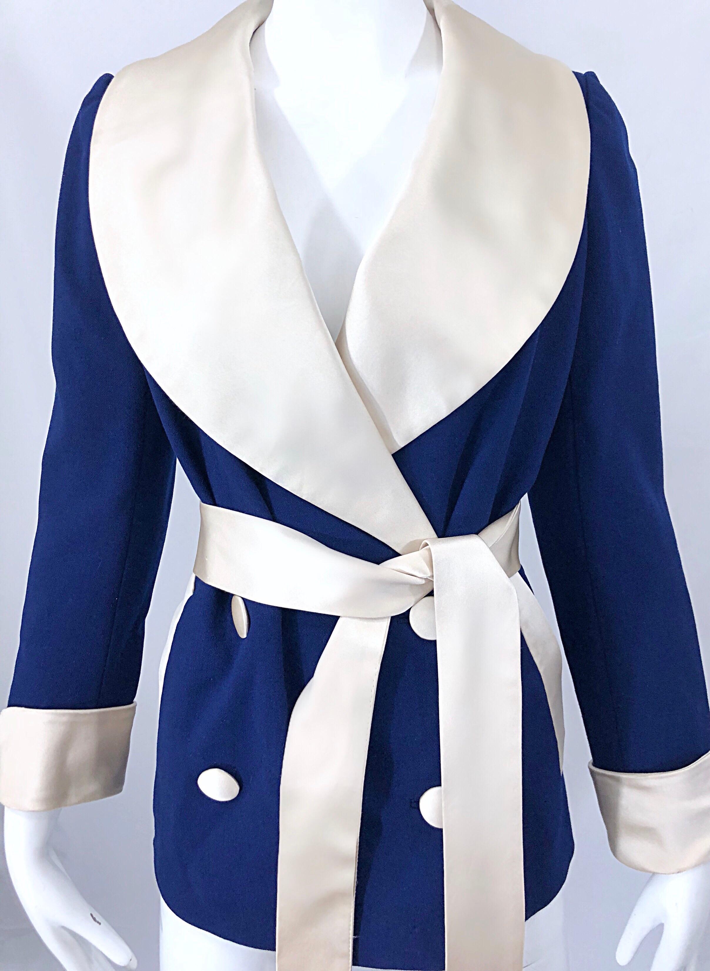 White Rare 1960s Norman Norell Navy Blue + Ivory Vintage 60s Belted Smoking Jacket For Sale