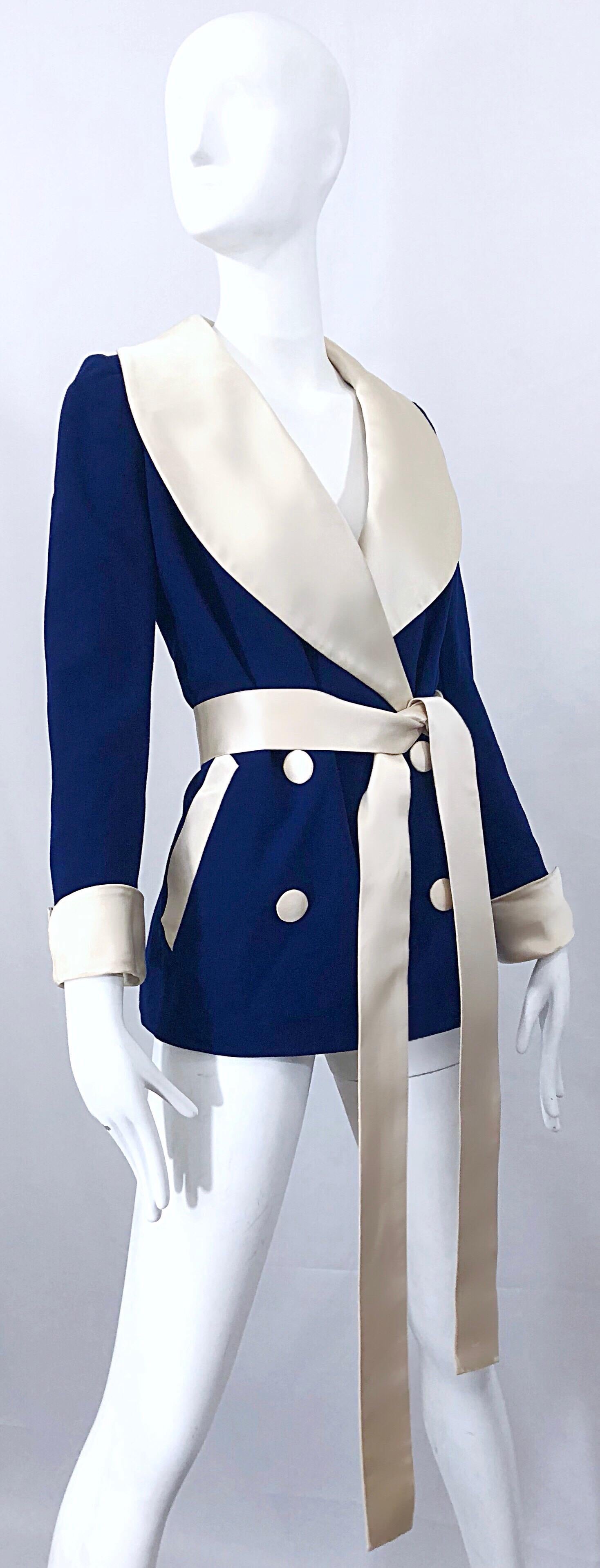 Women's Rare 1960s Norman Norell Navy Blue + Ivory Vintage 60s Belted Smoking Jacket For Sale