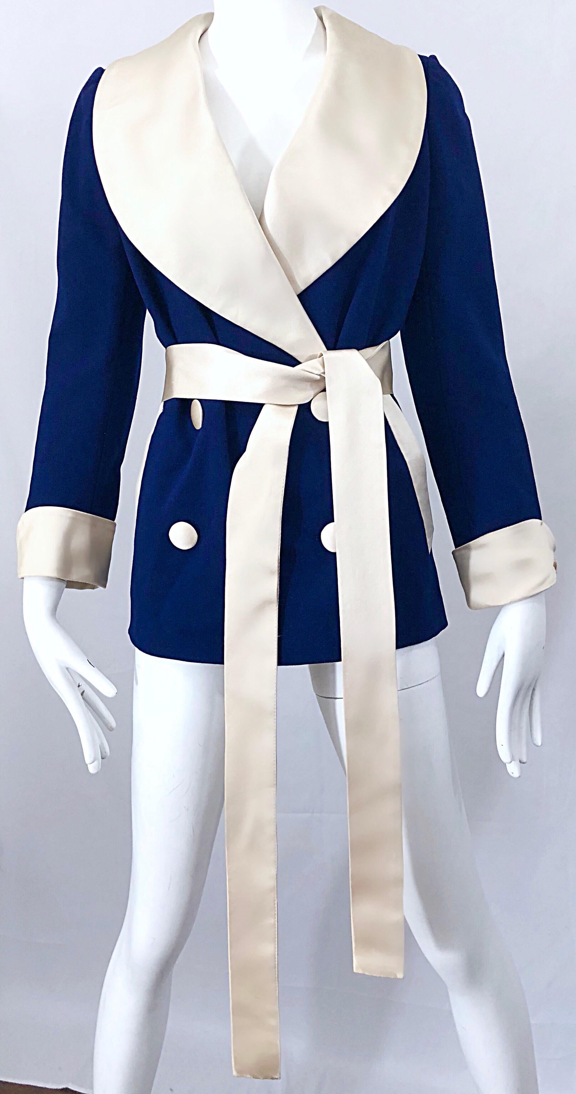 Rare 1960s Norman Norell Navy Blue + Ivory Vintage 60s Belted Smoking Jacket For Sale 2