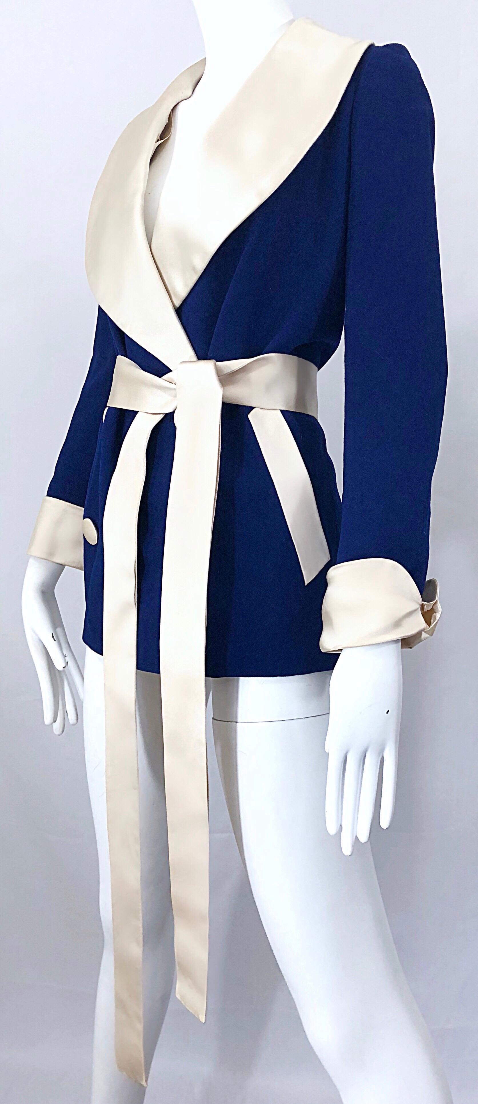Rare 1960s Norman Norell Navy Blue + Ivory Vintage 60s Belted Smoking Jacket For Sale 3