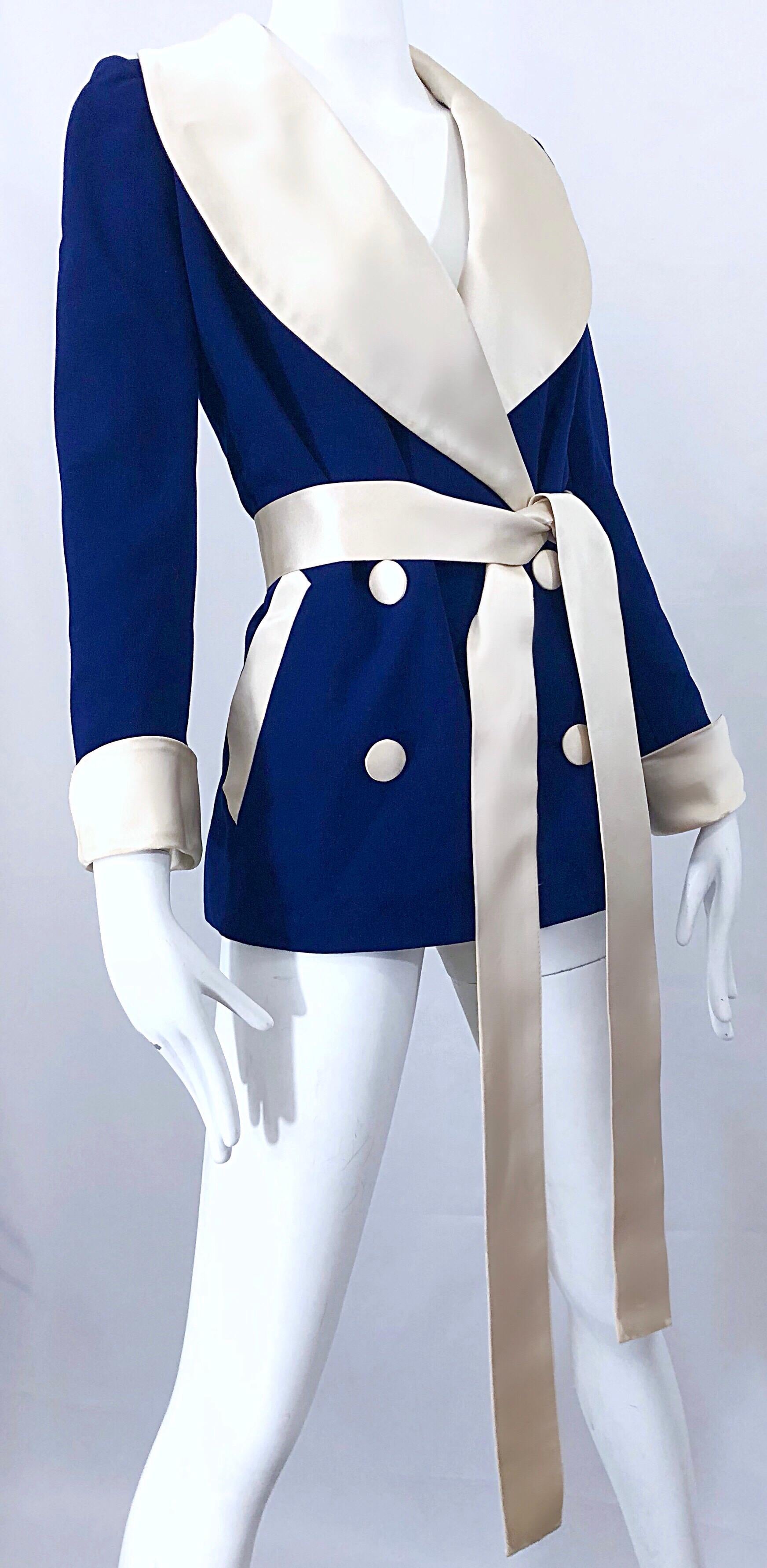Rare 1960s Norman Norell Navy Blue + Ivory Vintage 60s Belted Smoking Jacket For Sale 4