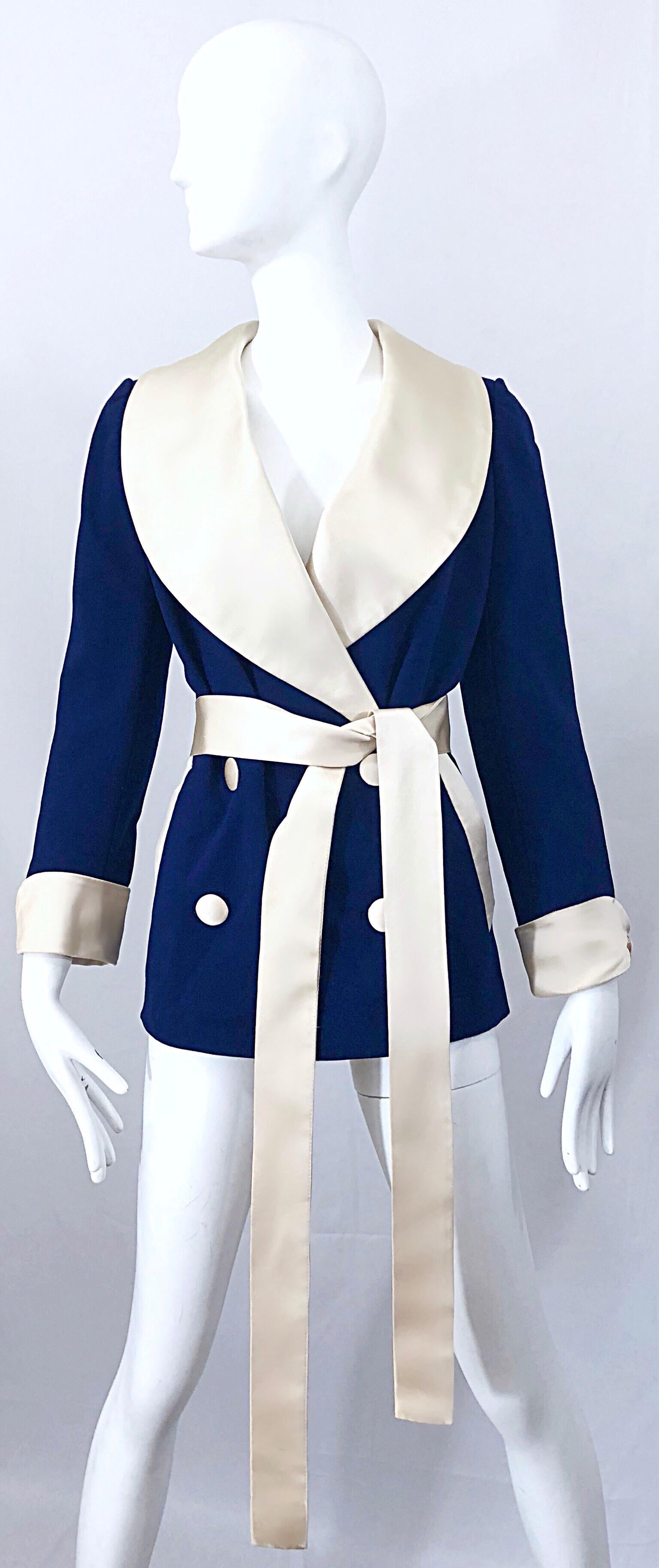 Rare 1960s Norman Norell Navy Blue + Ivory Vintage 60s Belted Smoking Jacket For Sale 6