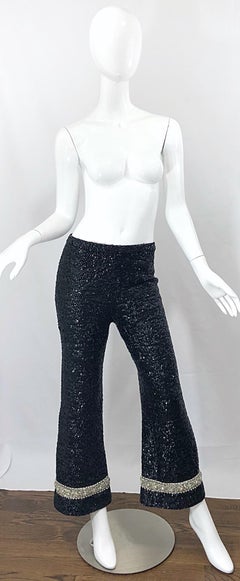 Fabulous 1960s De Paul of New York Black Fully Sequined Flare Leg 60s Wool Pants