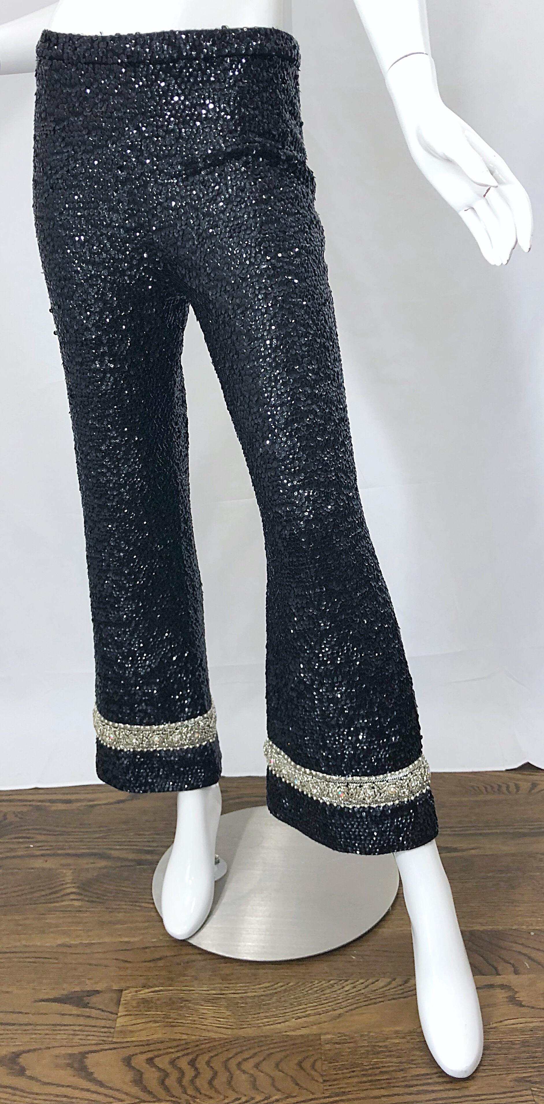 Fabulous 1960s De Paul of New York Black Fully Sequined Flare Leg 60s Wool Pants In Excellent Condition For Sale In San Diego, CA