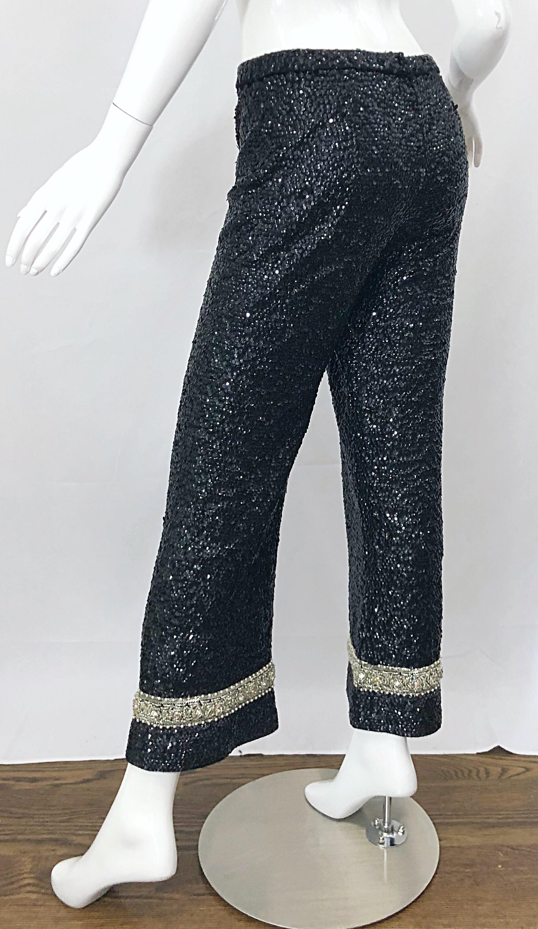 Fabulous 1960s De Paul of New York Black Fully Sequined Flare Leg 60s Wool Pants For Sale 1