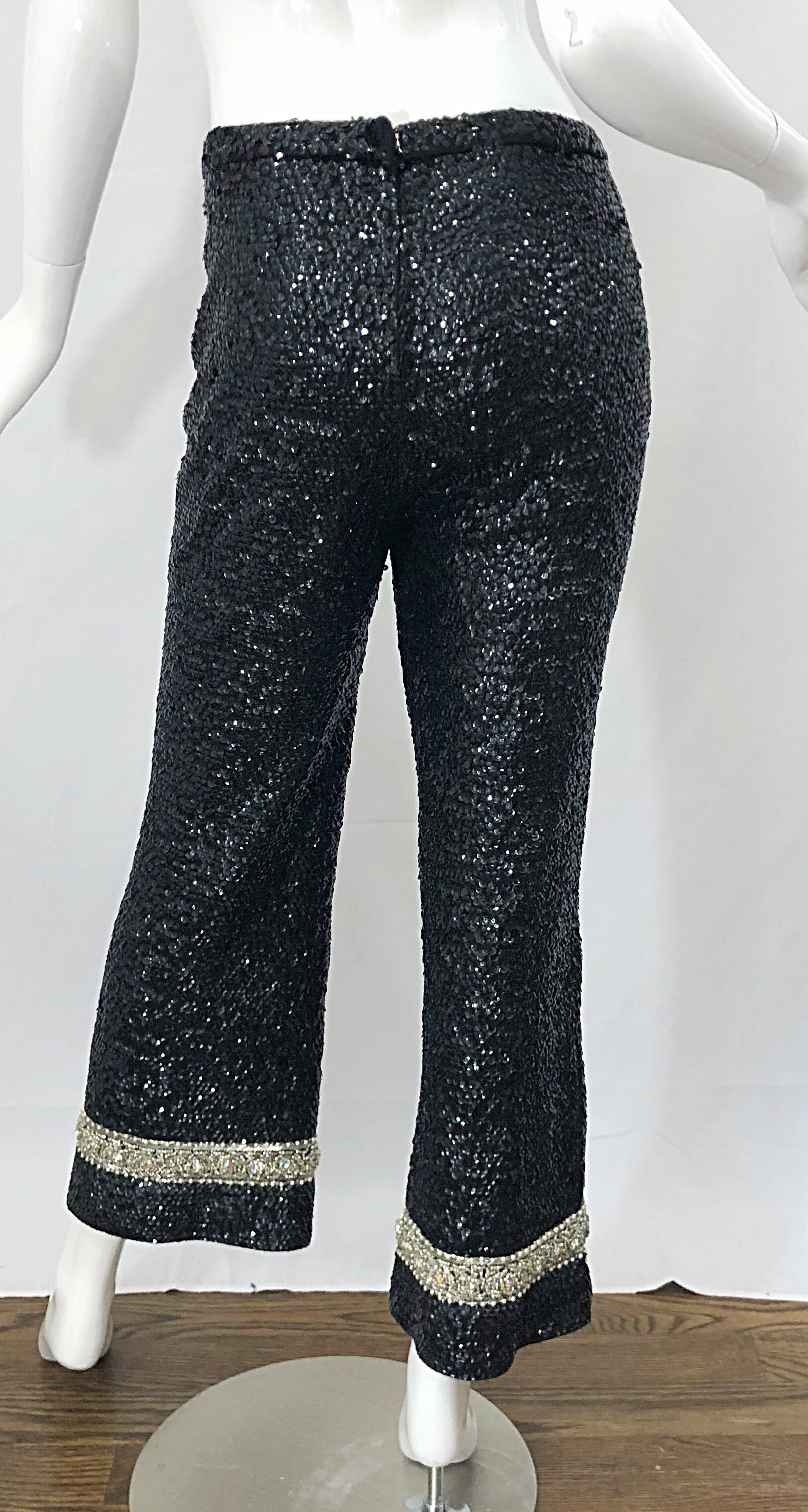 Fabulous 1960s De Paul of New York Black Fully Sequined Flare Leg 60s Wool Pants For Sale 3