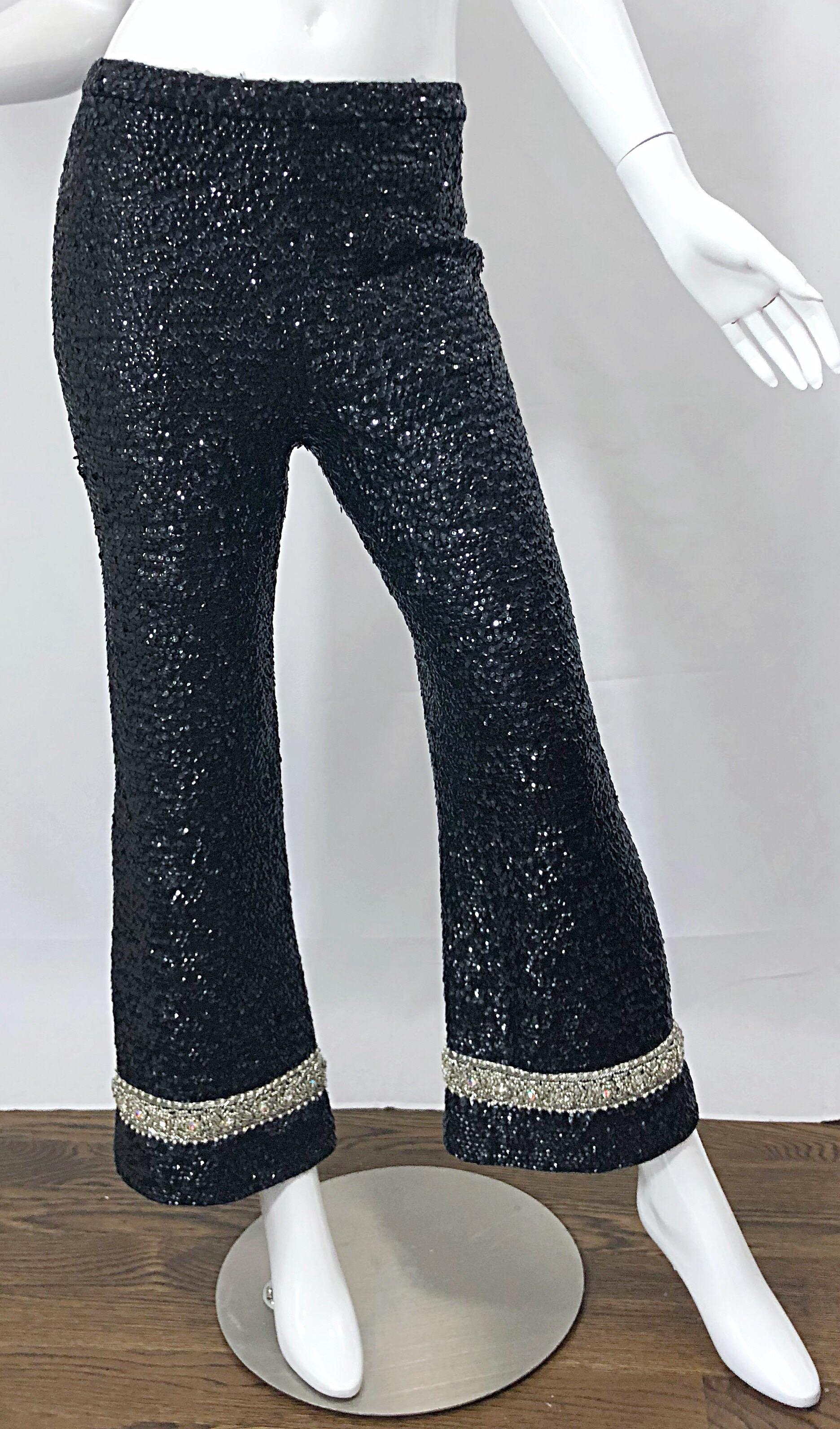 Fabulous 1960s De Paul of New York Black Fully Sequined Flare Leg 60s Wool Pants For Sale 4