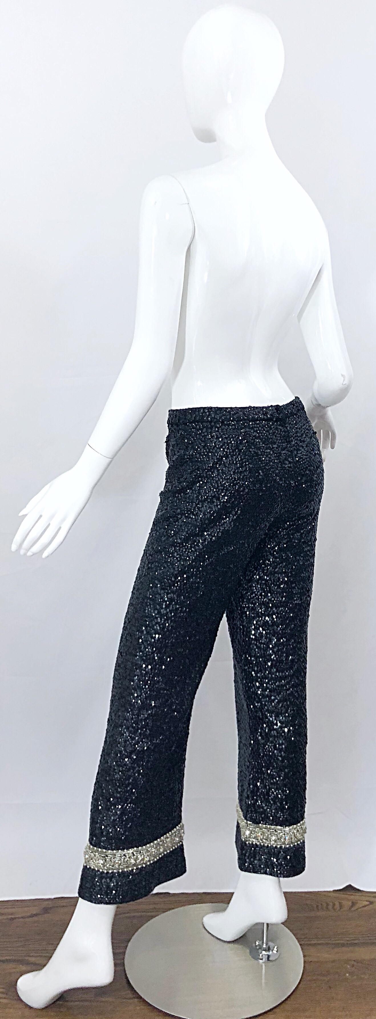 Fabulous 1960s De Paul of New York Black Fully Sequined Flare Leg 60s Wool Pants For Sale 5