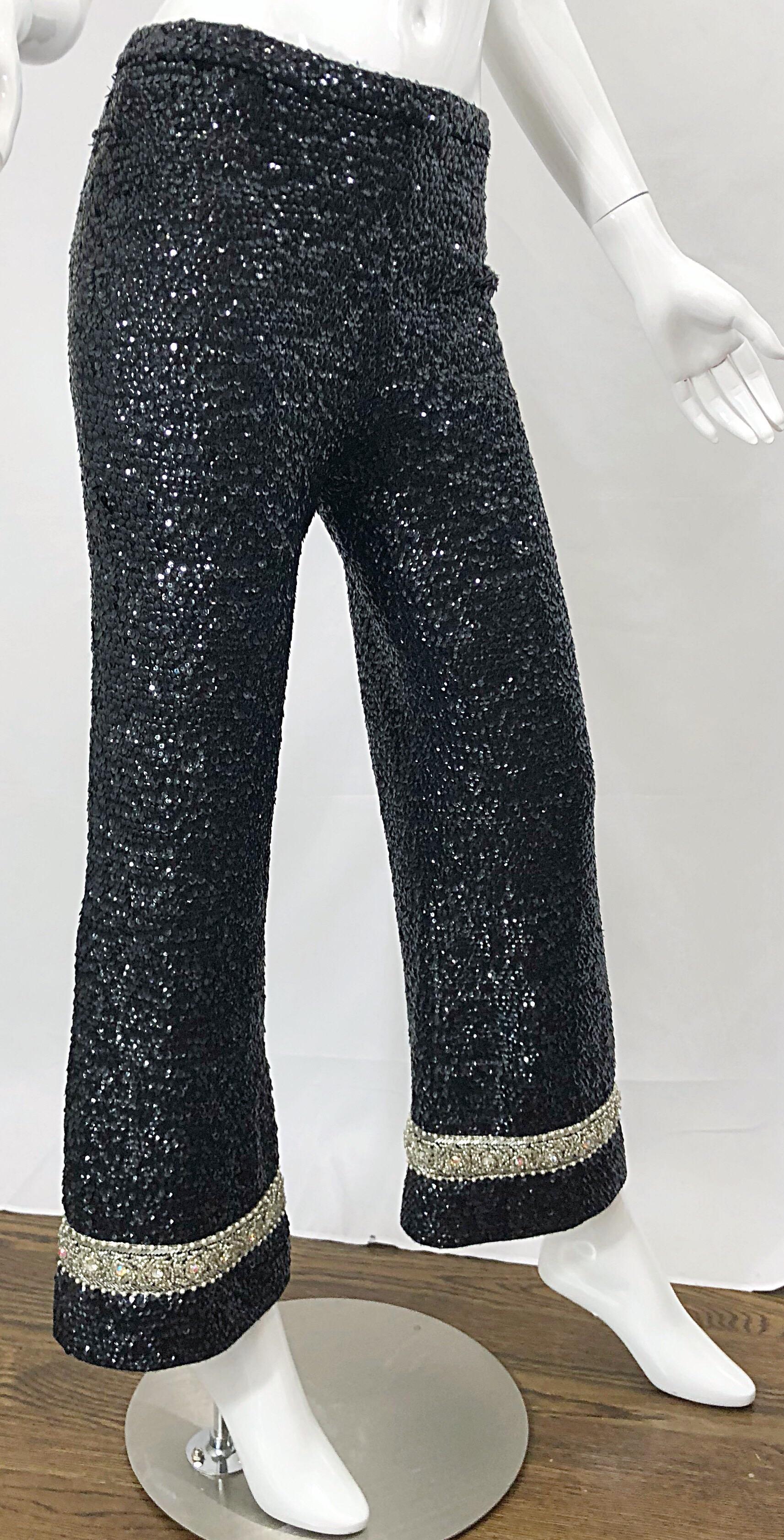 Fabulous 1960s De Paul of New York Black Fully Sequined Flare Leg 60s Wool Pants For Sale 6