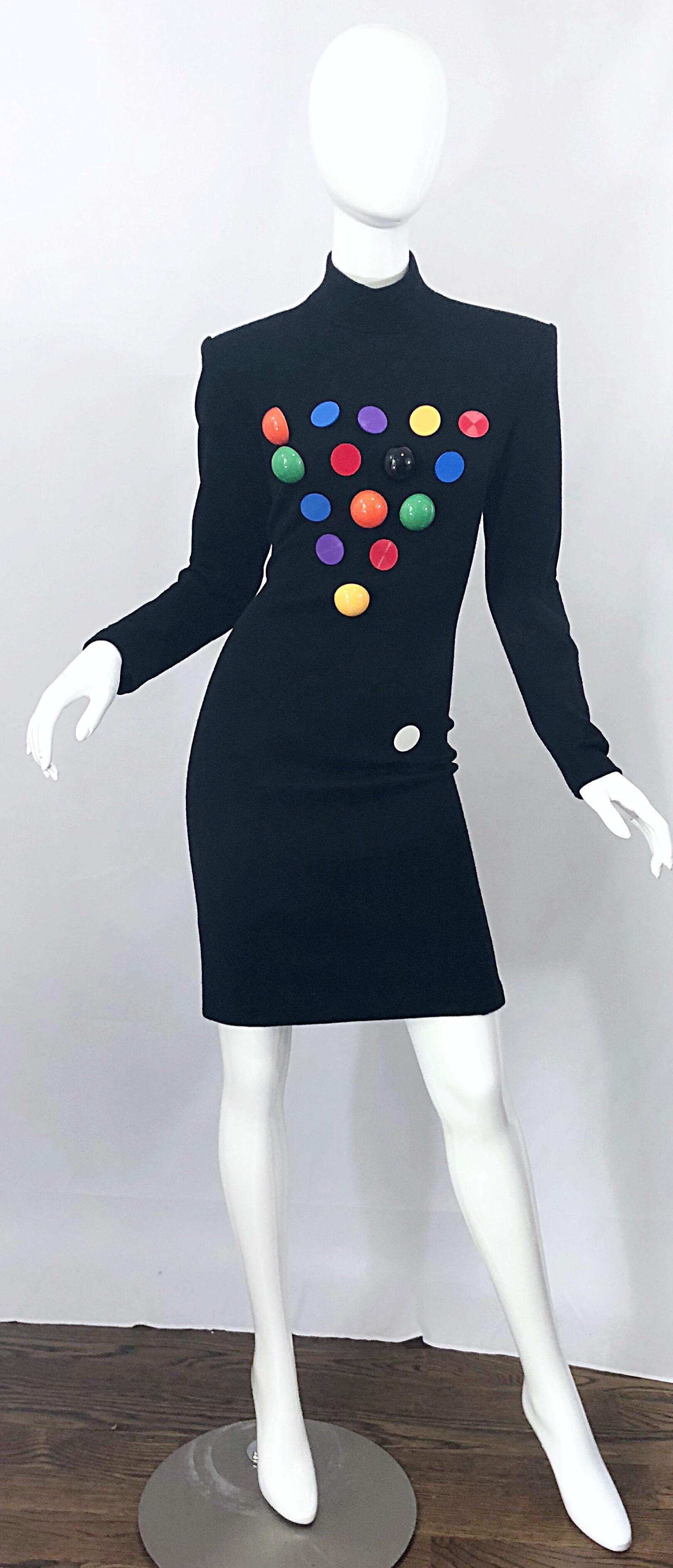 Absolutely amazing musuem worthy PATRICK KELLY black long sleeve high neck bodycon 80s wool 'pool ball' dress!  Features a high neck with a soft body hugging wool. Discs and balls form the shape of pool balls. Hidden zipper up the back. This is a