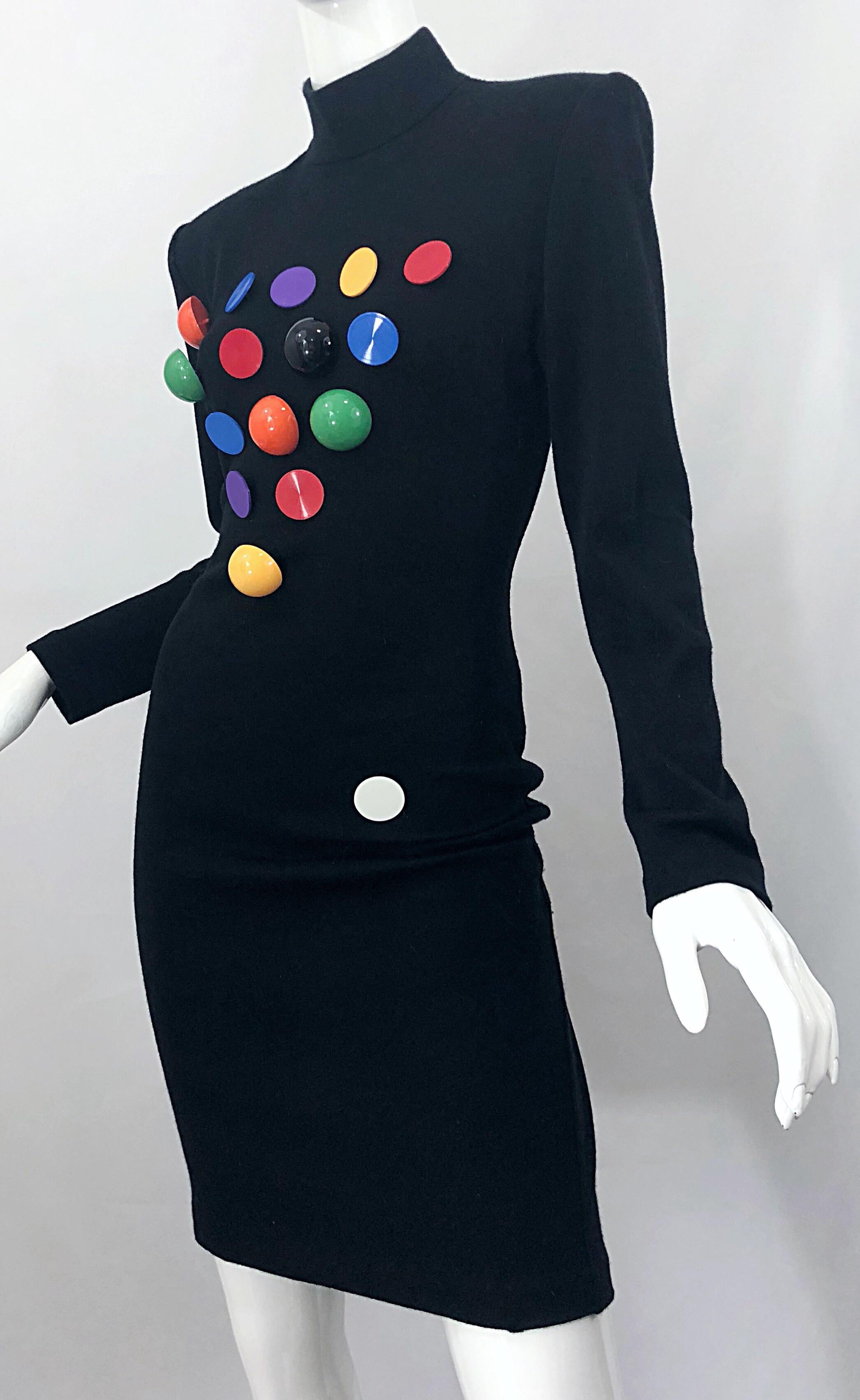 Documented 1980s Patrick Kelly Black Wool Pool Ball Vintage 80s Novelty Dress In Good Condition In San Diego, CA