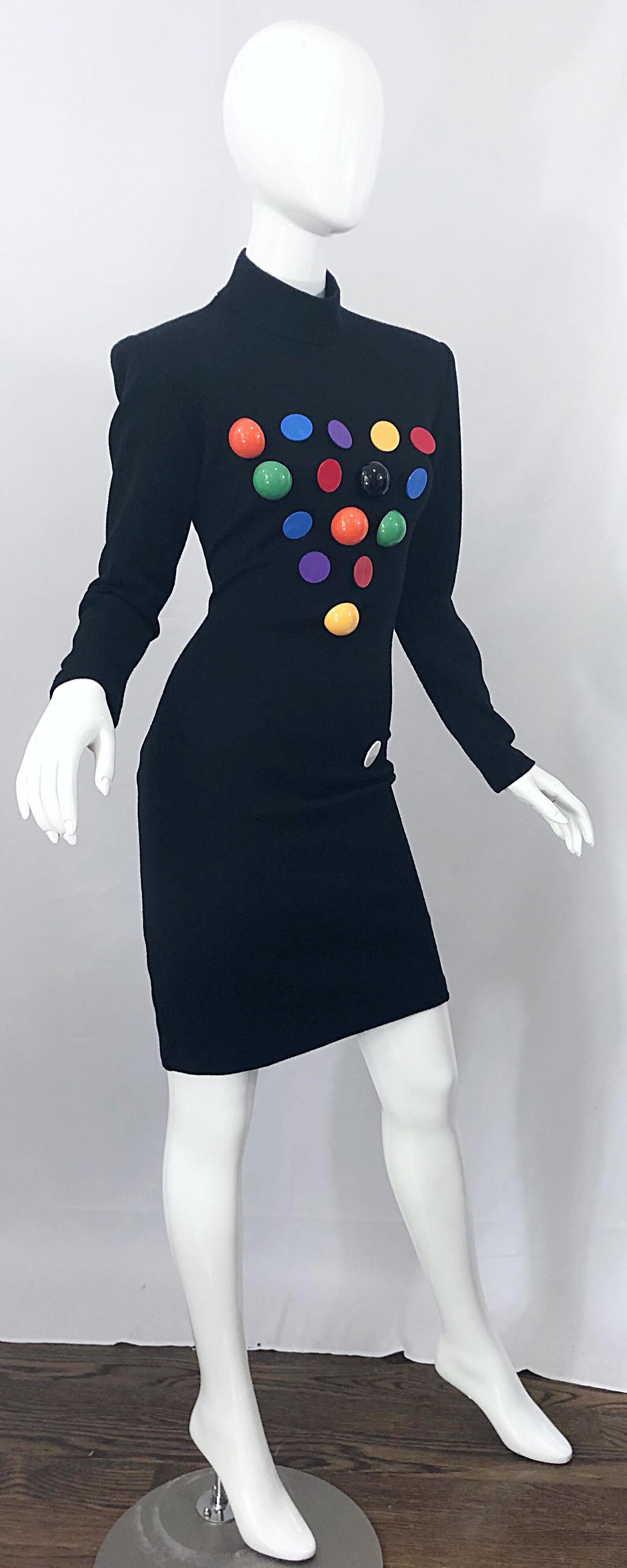 Documented 1980s Patrick Kelly Black Wool Pool Ball Vintage 80s Novelty Dress 1