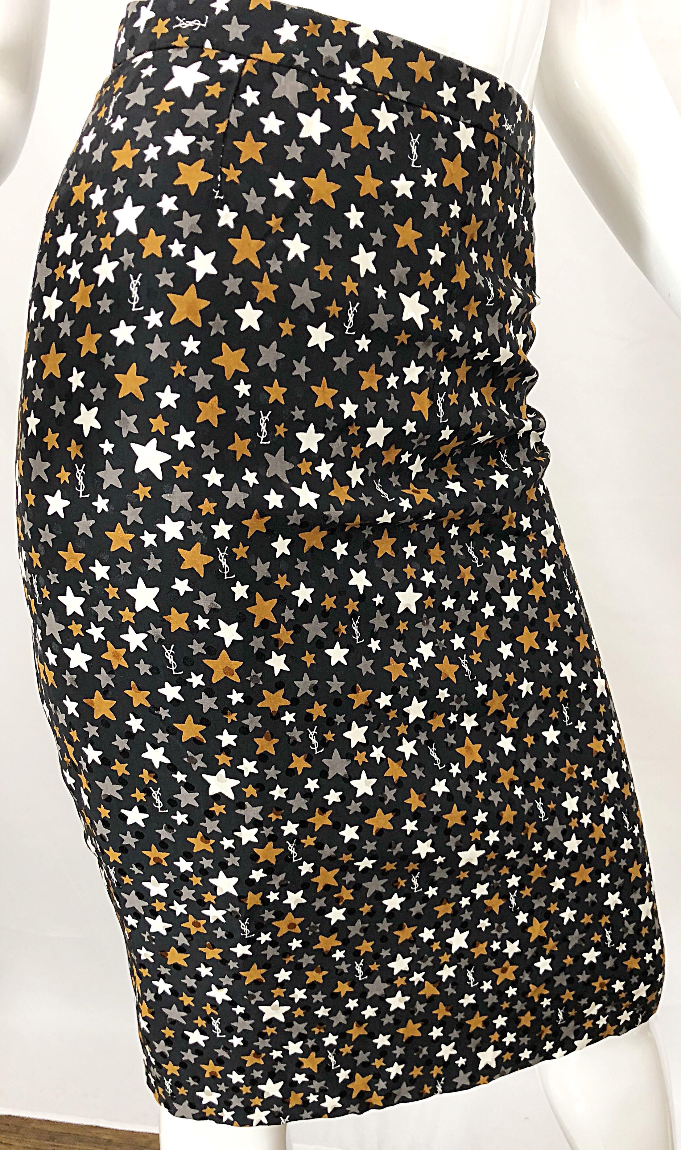 Black Vintage Yves Saint Laurent YSL 90s Logo + Stars Silk High Waist Pencil Skirt For Sale