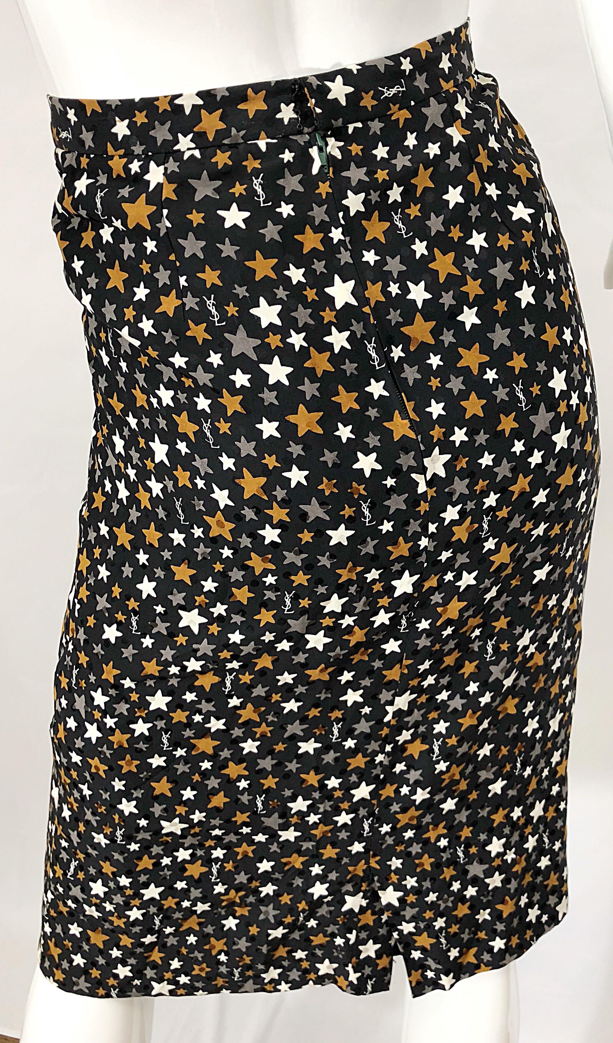 Vintage Yves Saint Laurent YSL 90s Logo + Stars Silk High Waist Pencil Skirt In Excellent Condition For Sale In San Diego, CA