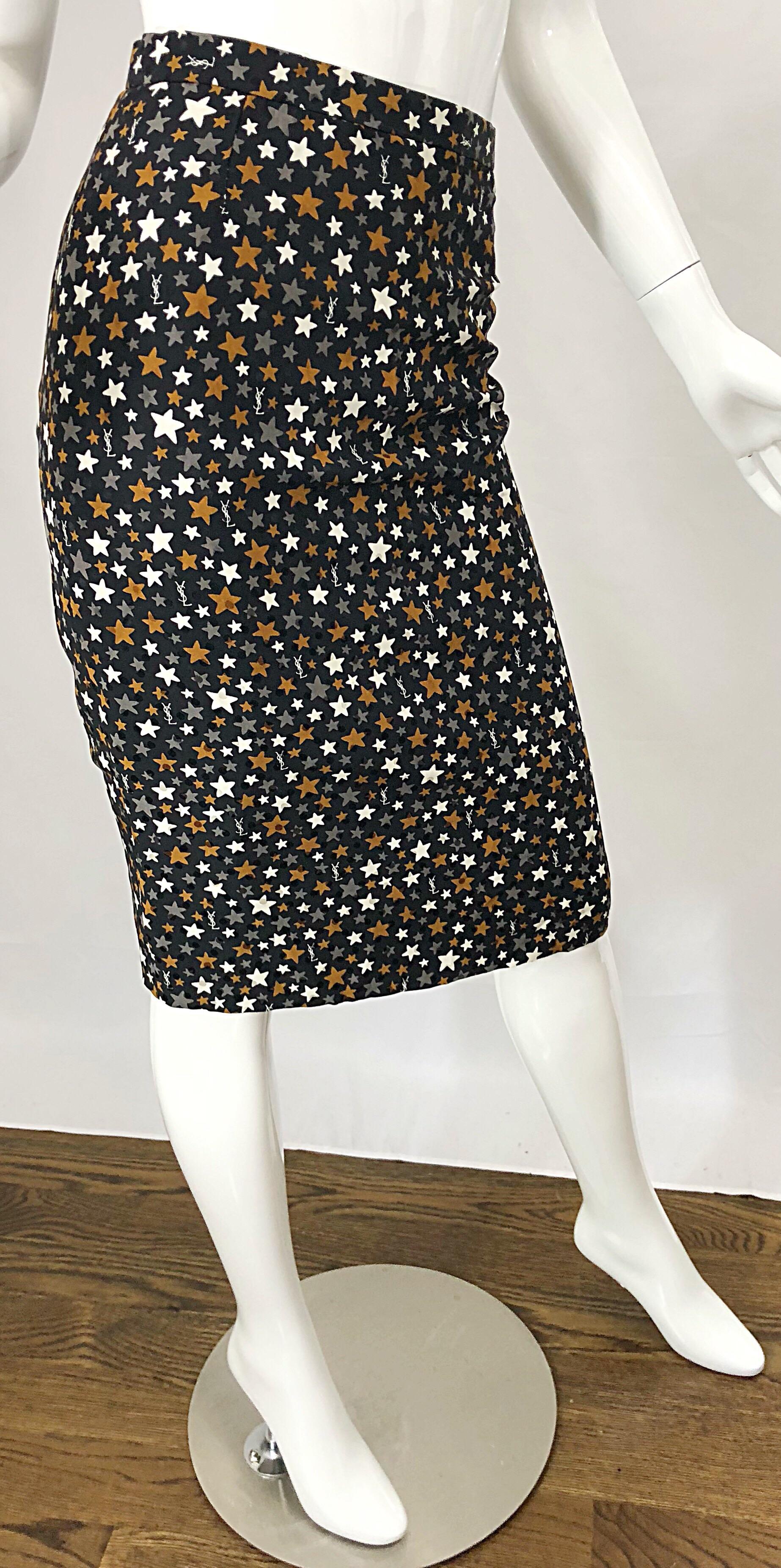 Women's Vintage Yves Saint Laurent YSL 90s Logo + Stars Silk High Waist Pencil Skirt For Sale