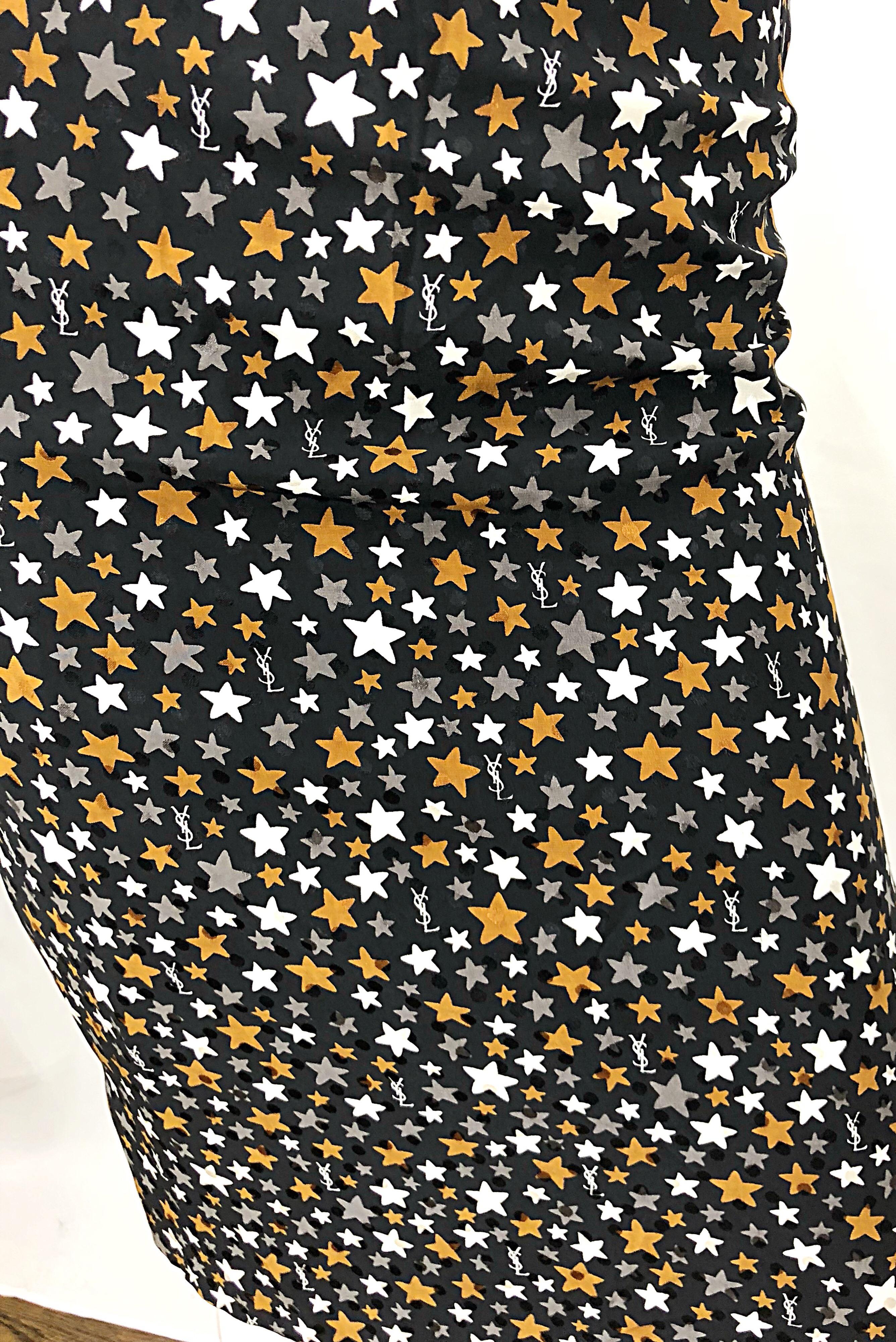 Vintage Yves Saint Laurent YSL 90s Logo + Stars Silk High Waist Pencil Skirt For Sale 1