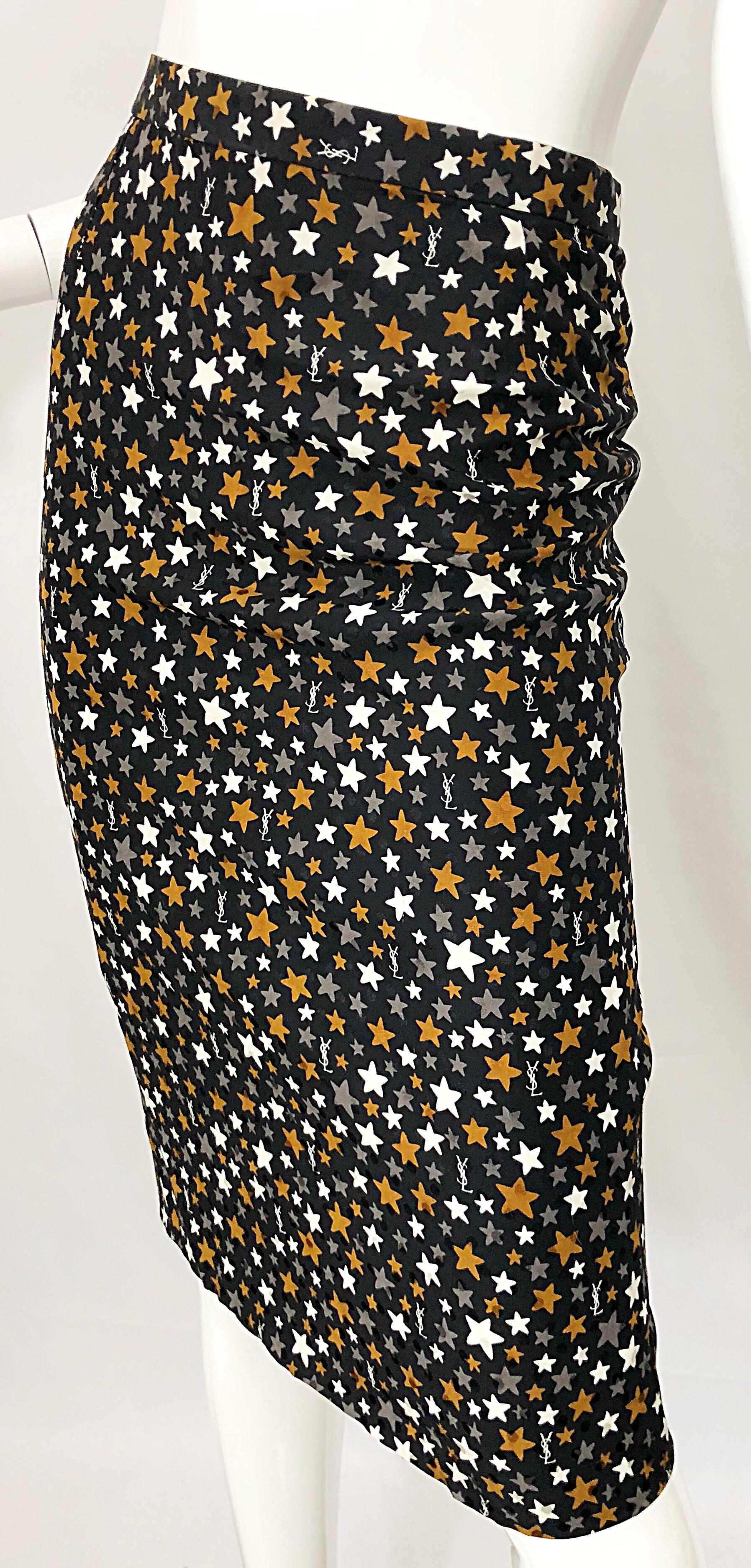 Vintage Yves Saint Laurent YSL 90s Logo + Stars Silk High Waist Pencil Skirt For Sale 2