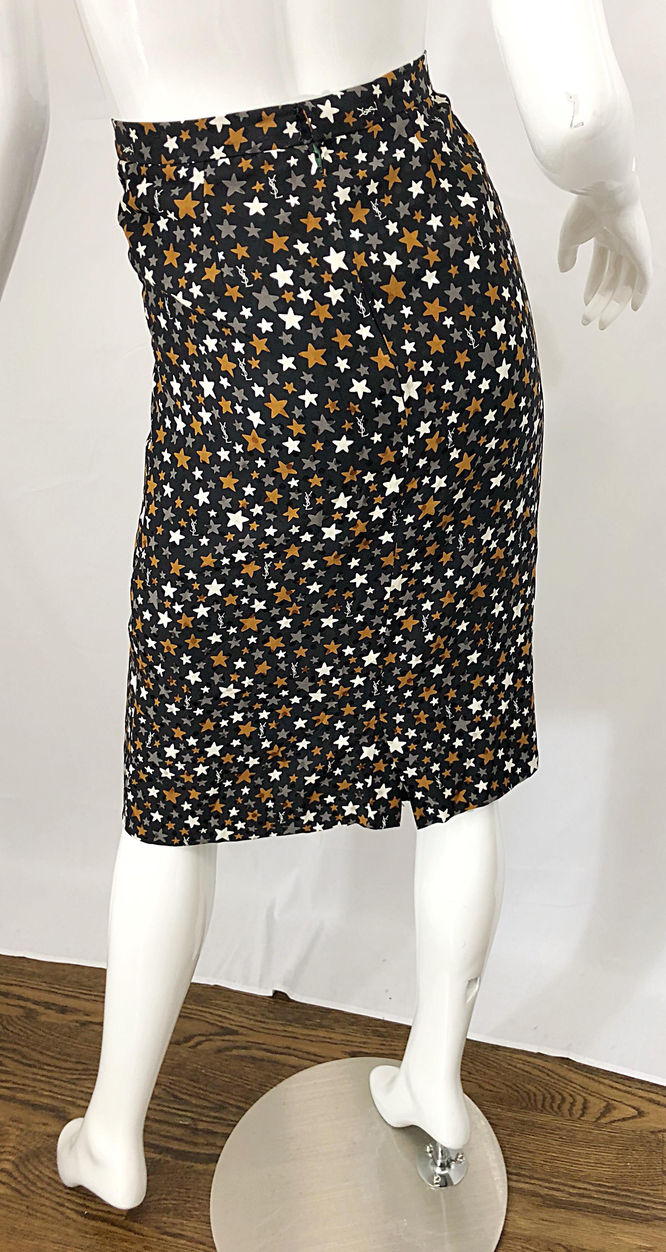 Vintage Yves Saint Laurent YSL 90s Logo + Stars Silk High Waist Pencil Skirt For Sale 4