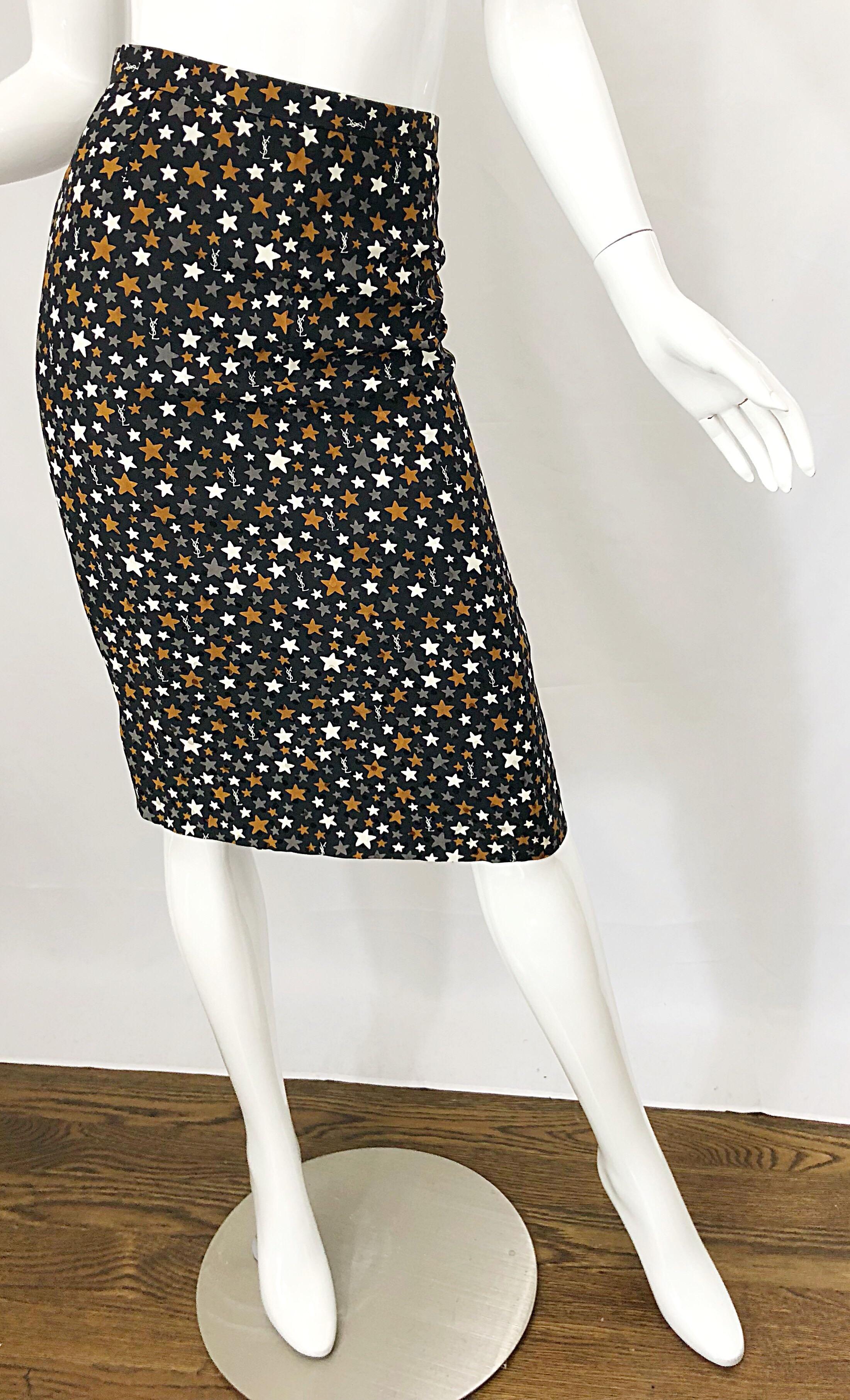 Vintage Yves Saint Laurent YSL 90s Logo + Stars Silk High Waist Pencil Skirt For Sale 5