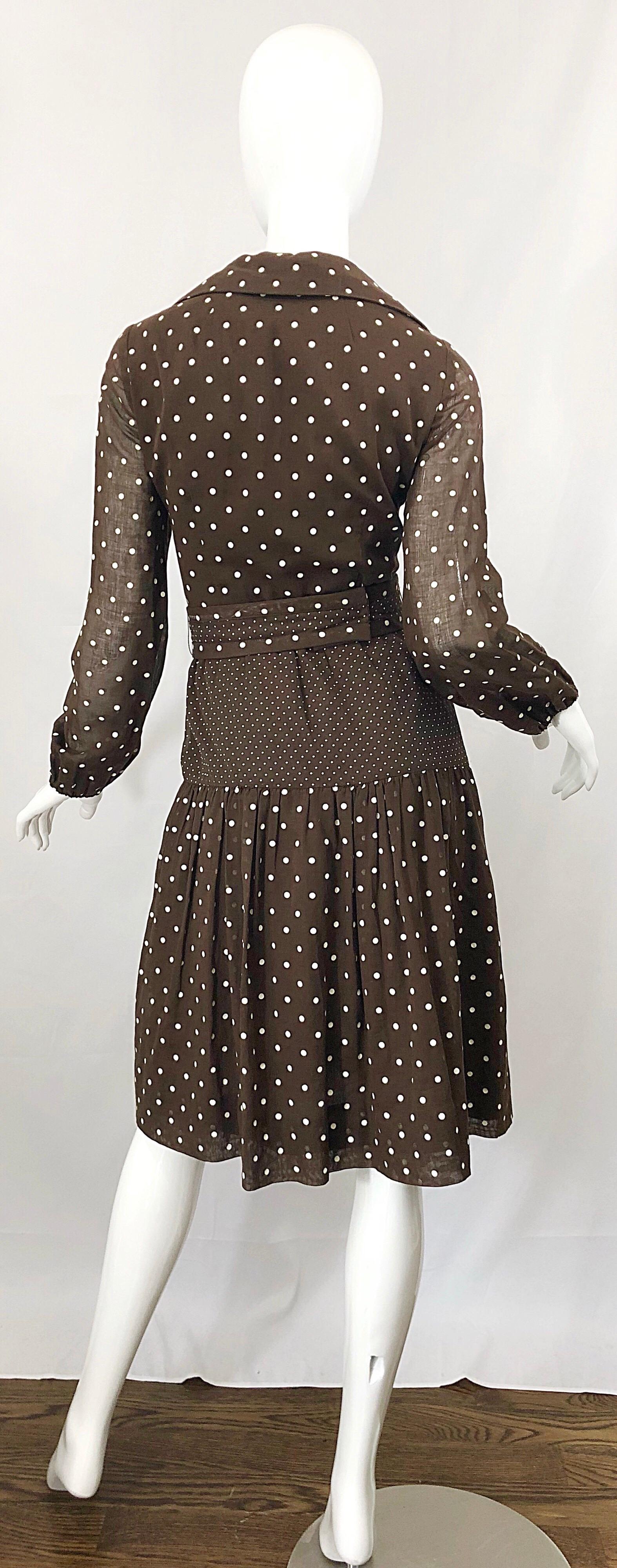 Women's 1970s I Magnin Brown and White Polka Dot Belted Cotton Vintage 70s Day Dress