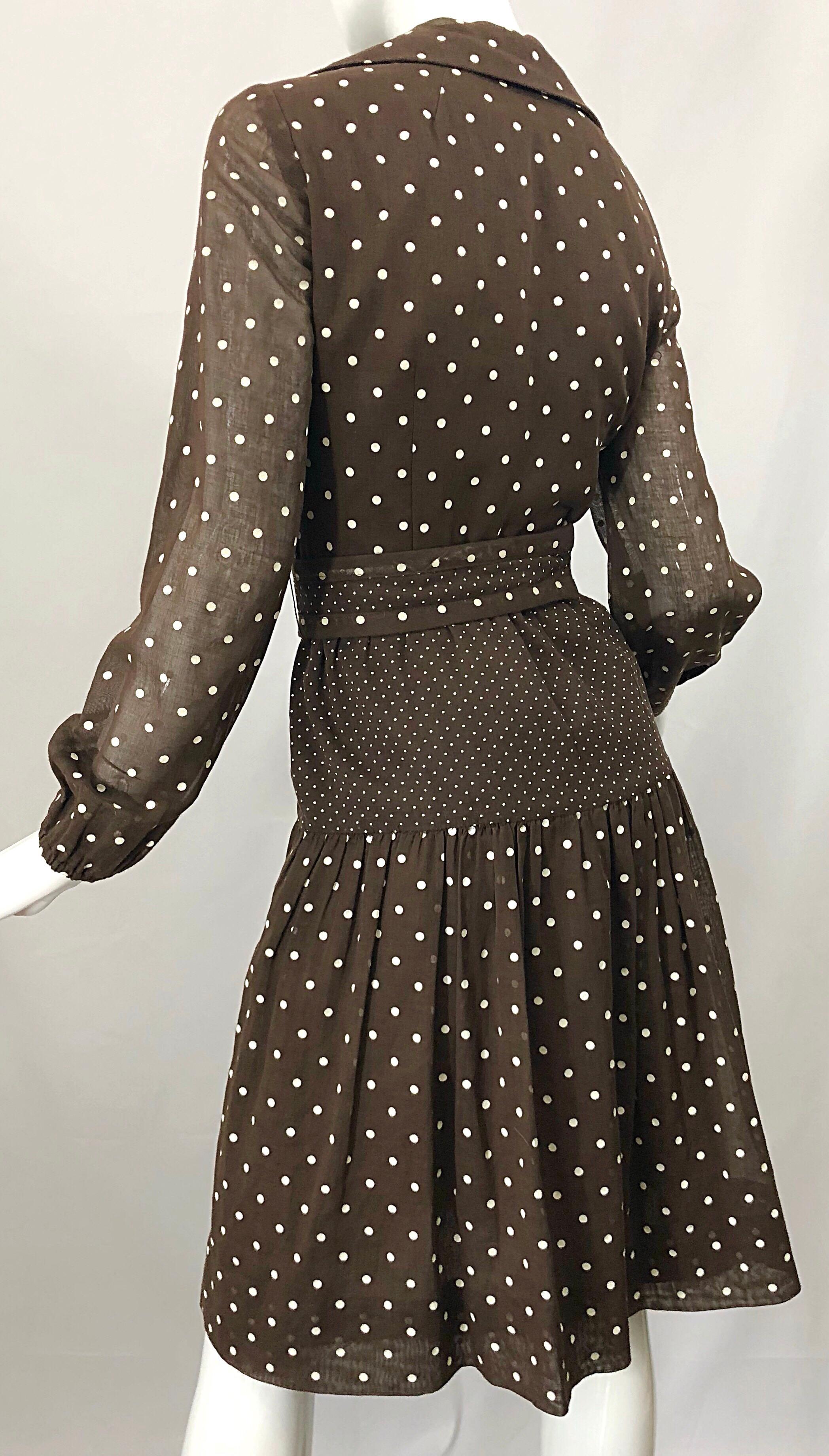 1970s I Magnin Brown and White Polka Dot Belted Cotton Vintage 70s Day Dress 2