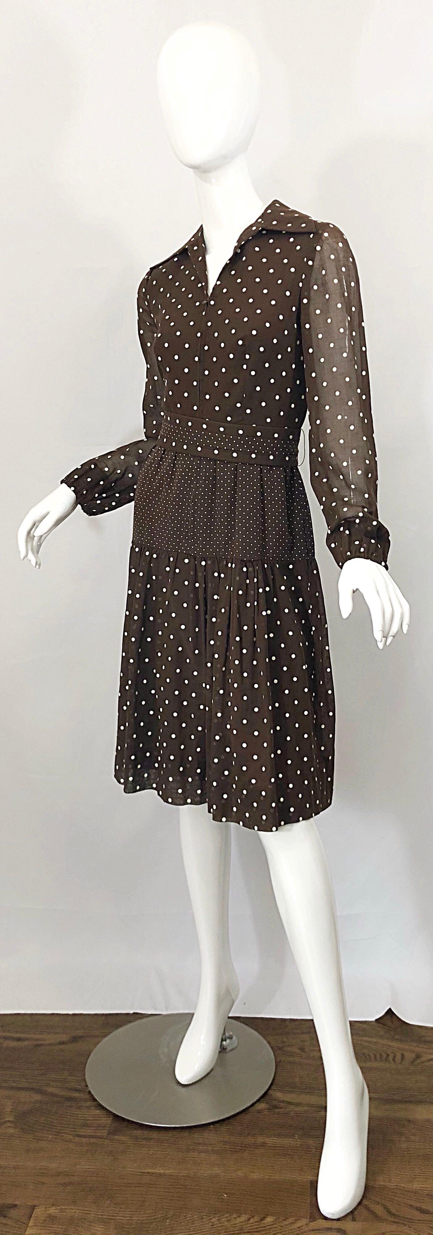 1970s I Magnin Brown and White Polka Dot Belted Cotton Vintage 70s Day Dress 3