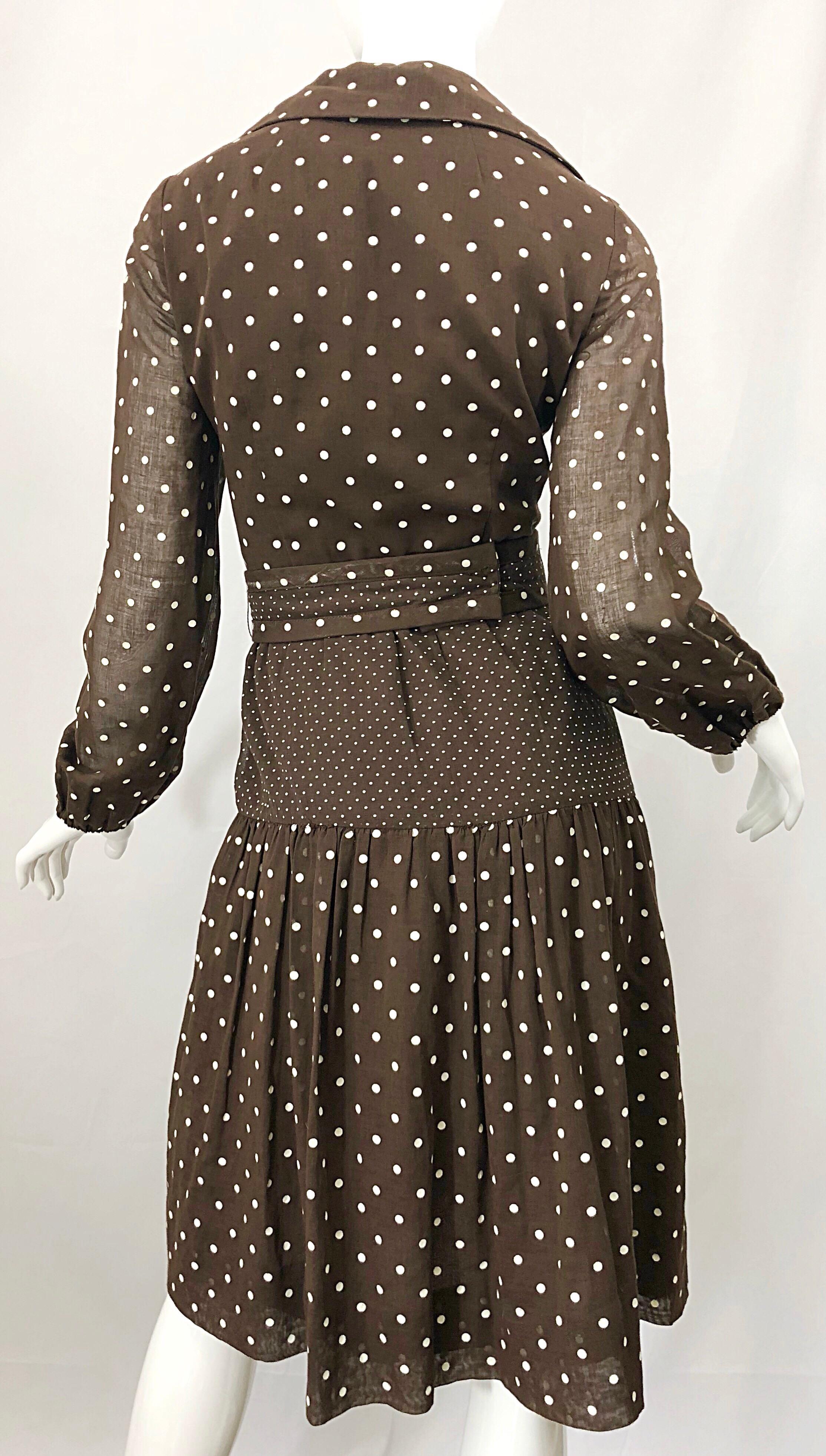 1970s I Magnin Brown and White Polka Dot Belted Cotton Vintage 70s Day Dress 4