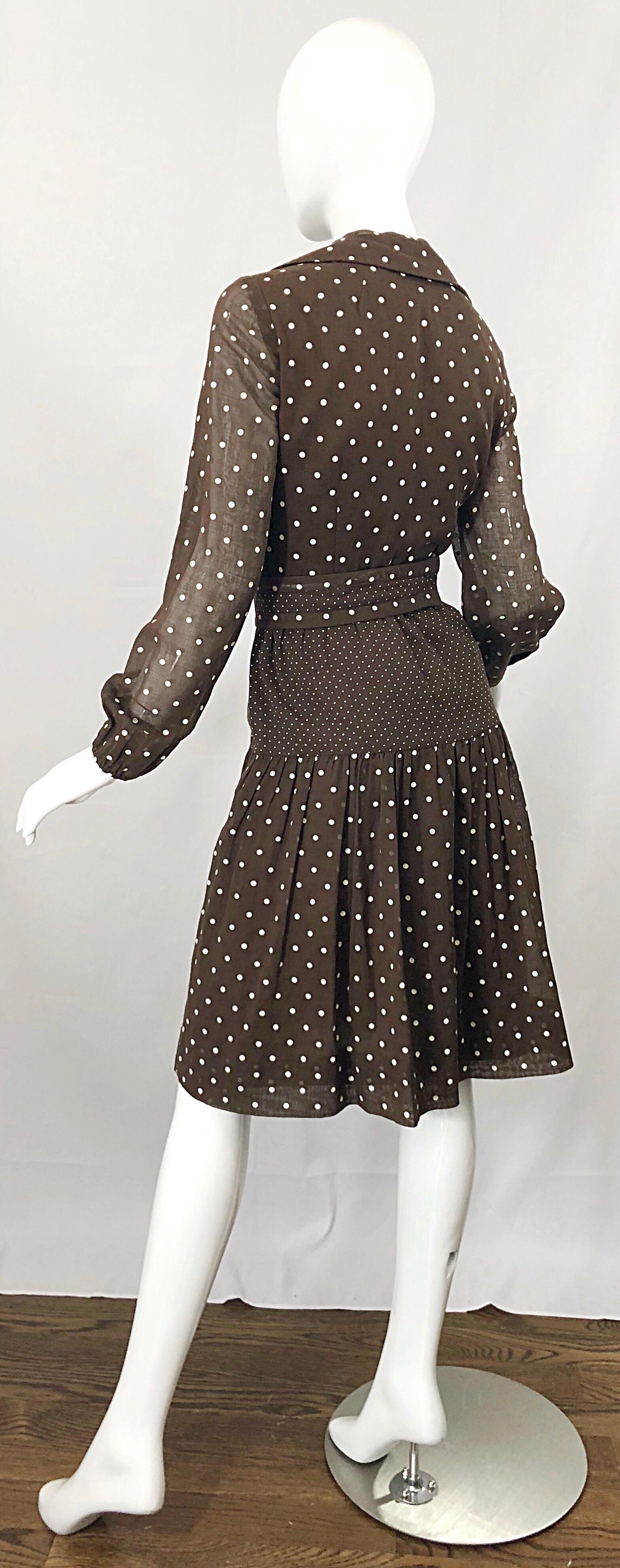 1970s I Magnin Brown and White Polka Dot Belted Cotton Vintage 70s Day Dress 6