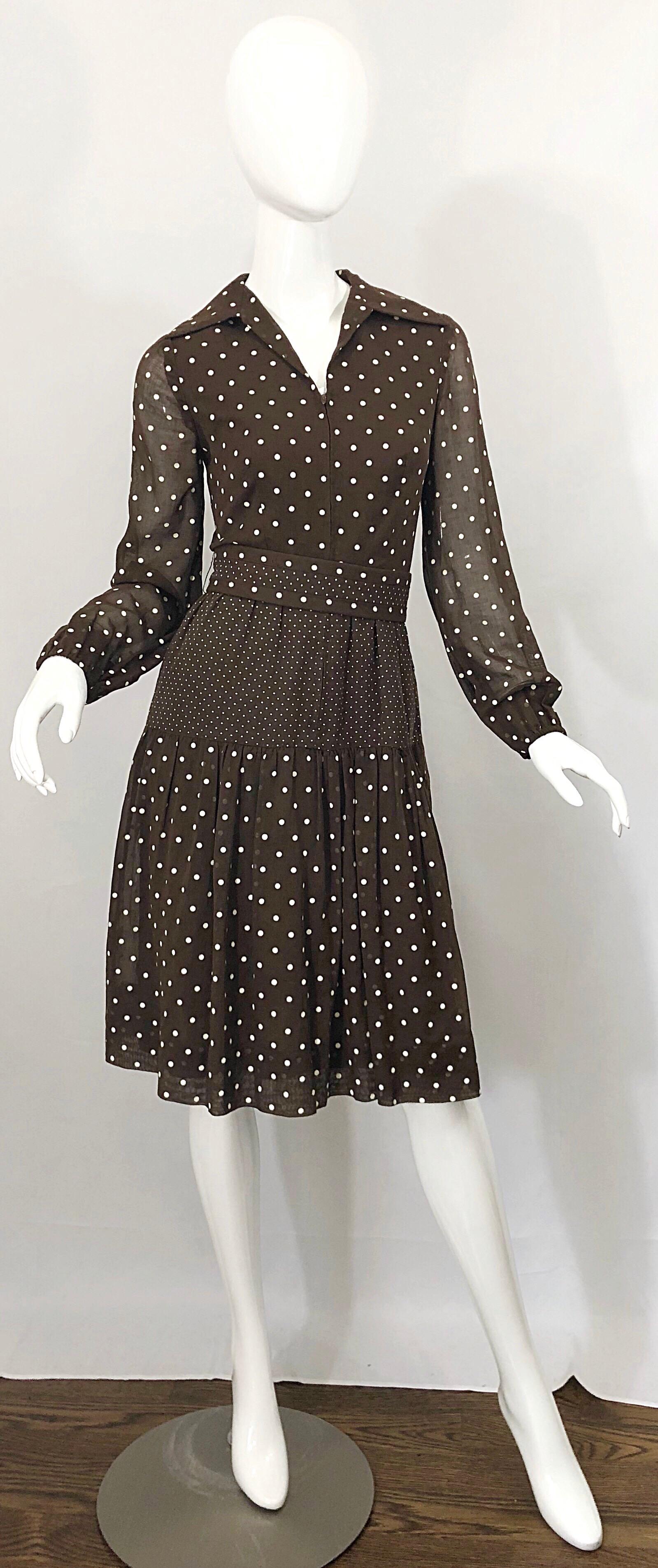 1970s I Magnin Brown and White Polka Dot Belted Cotton Vintage 70s Day Dress 7